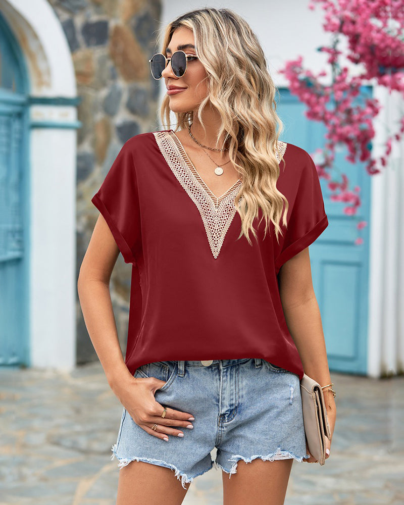 Short Sleeve V Neck Blouse Top Lace Trim Casual Summer Tee Shirt - Wine Red S