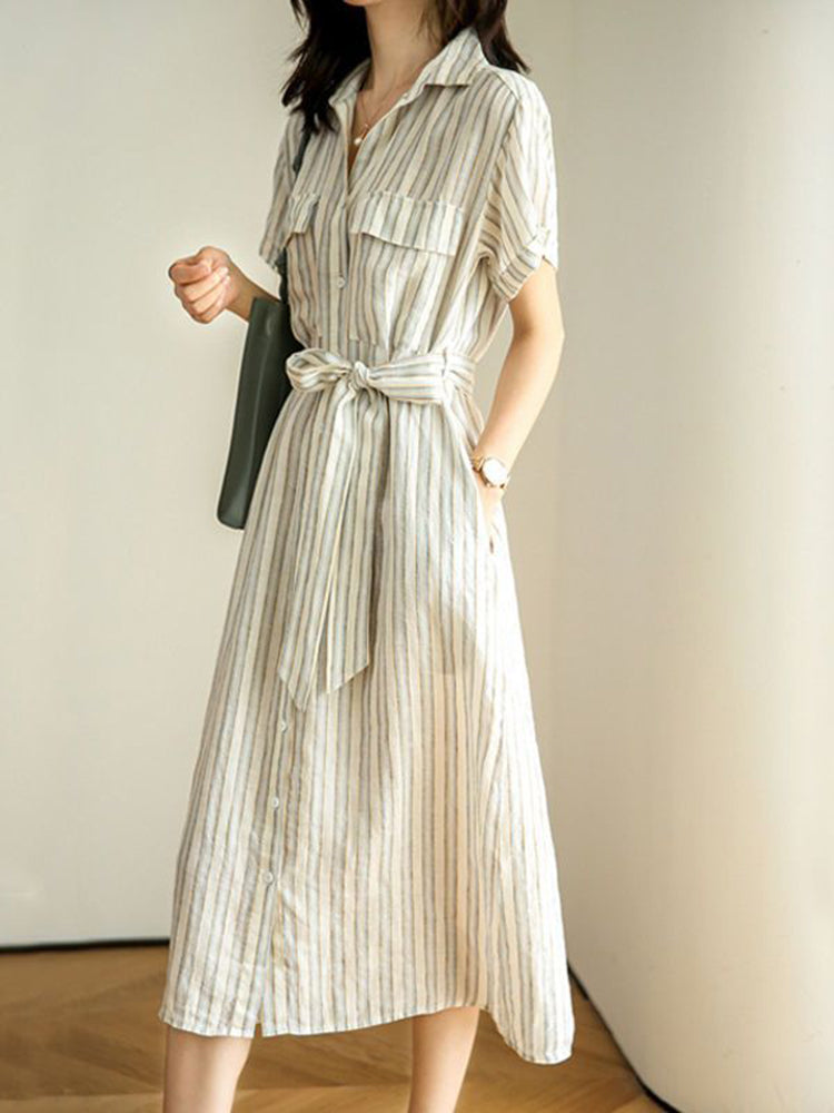 Short Sleeve Vertical Stripe Waist Shirt Dress with Belt - Beige
