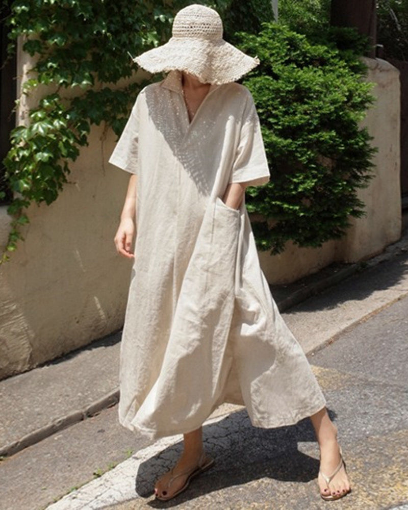 Short Sleeves Long Midi Dress Loose Robes Plus Size Boho Dress - White S