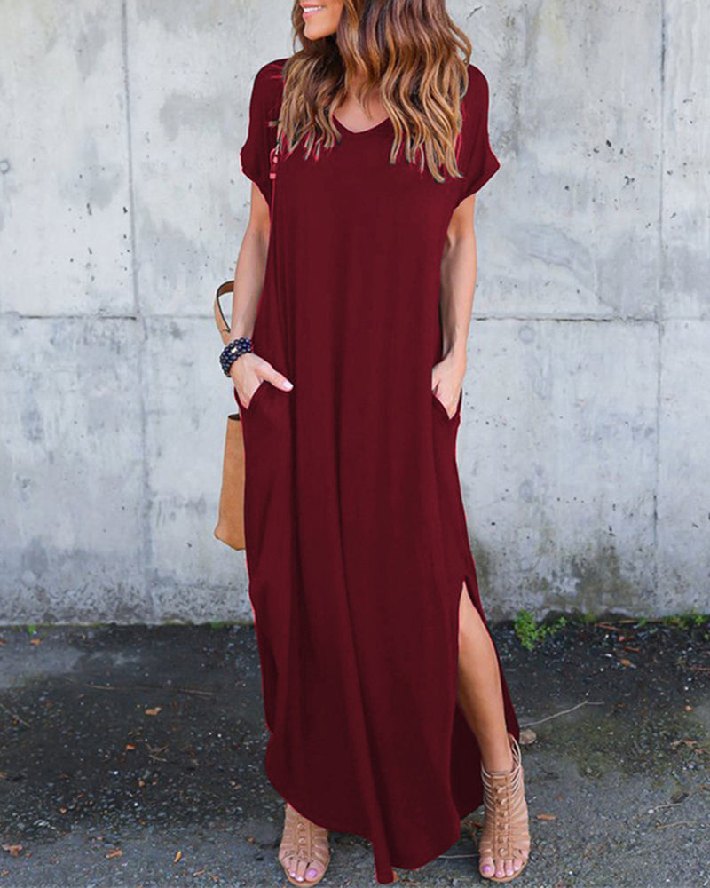 Floral Puff Sleeve Dress Elastic Waist Open Back Casual Dresses Side Split Midi Flowy Dresses - Wine Red S