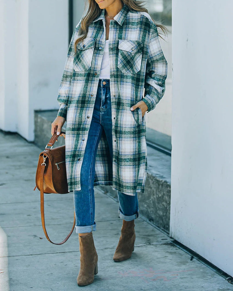 Plaid Flannel Long Shacket Jacket Coat - Green