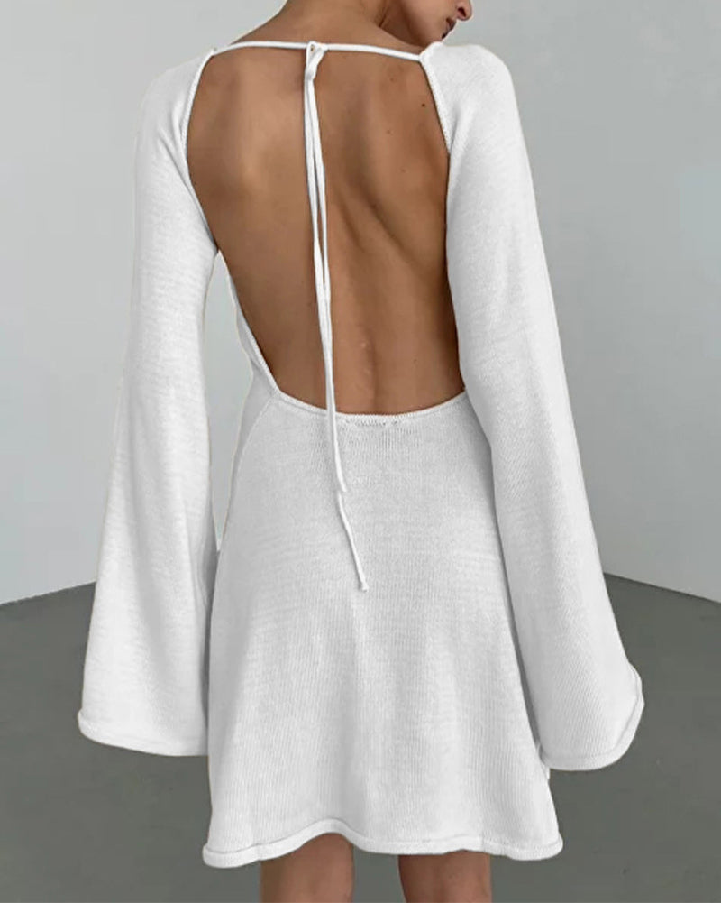 Zeagoo Elegant Backless Lace-up Bell Sleeve Mini Dress for Women Casual Going Out Summer - White L-