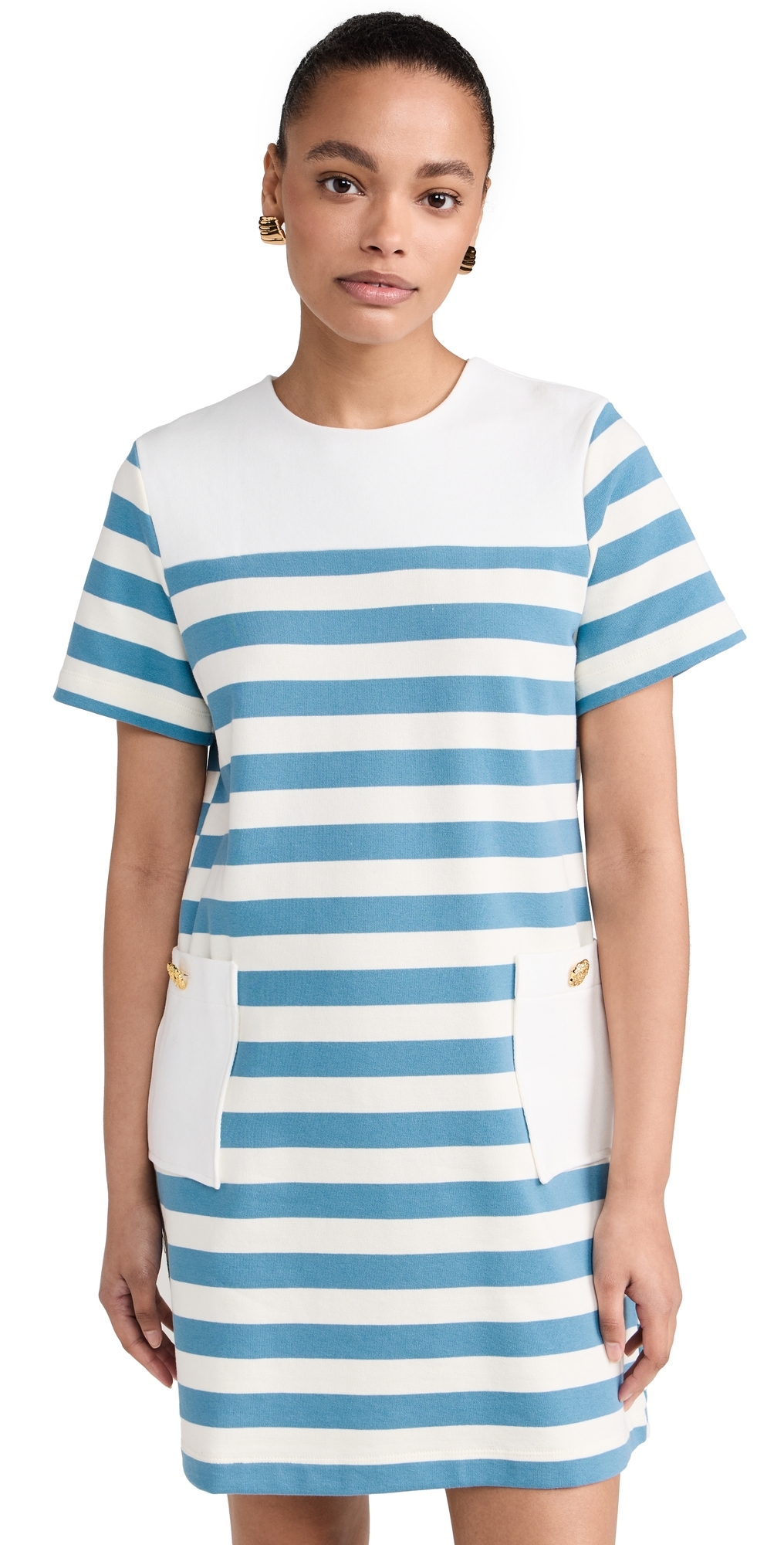 English Factory Striped Dress with Patch Pockets WhiteBlue
