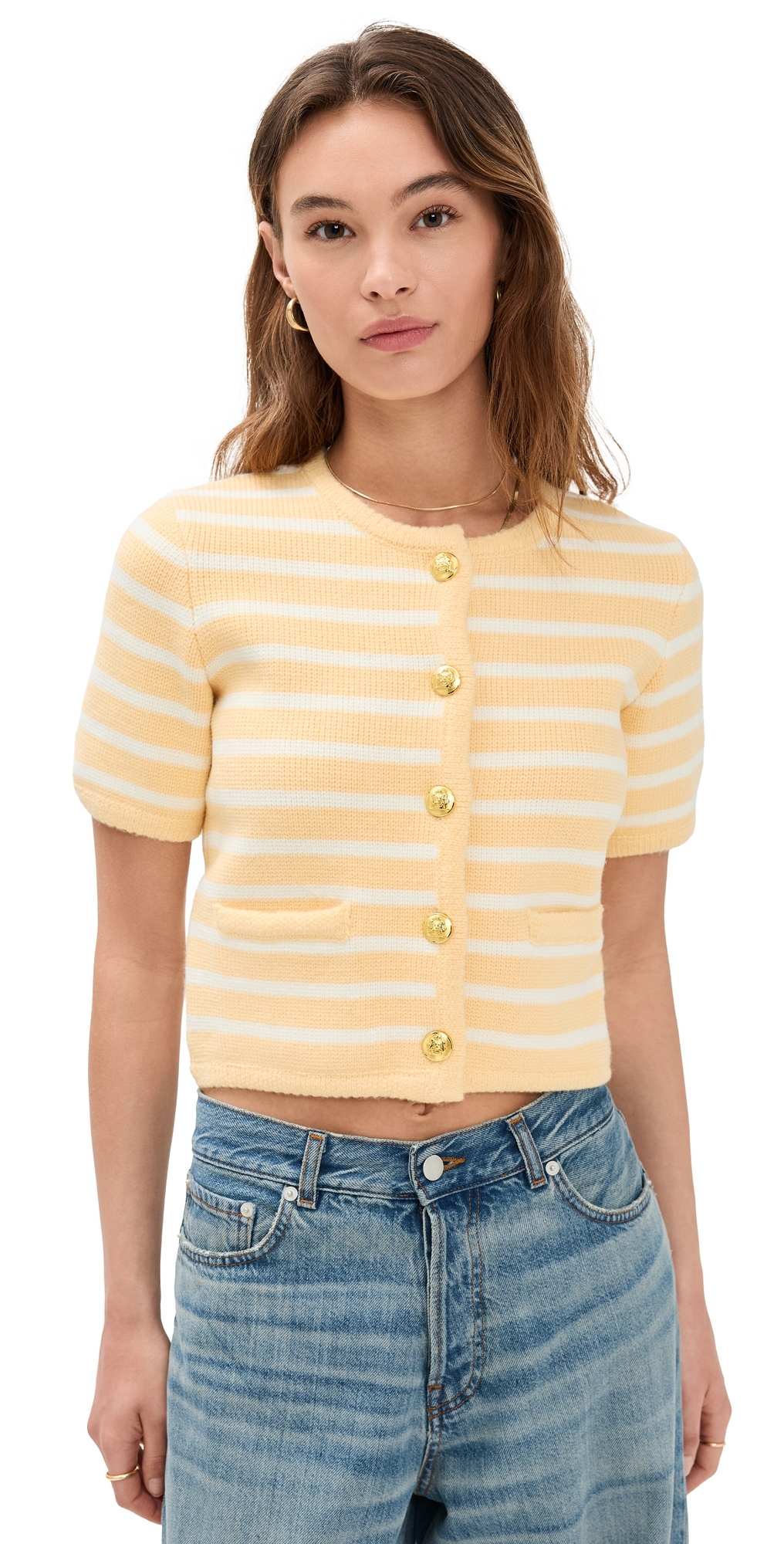 English Factory Knit Striped Sweater Cardigan ButterWhite