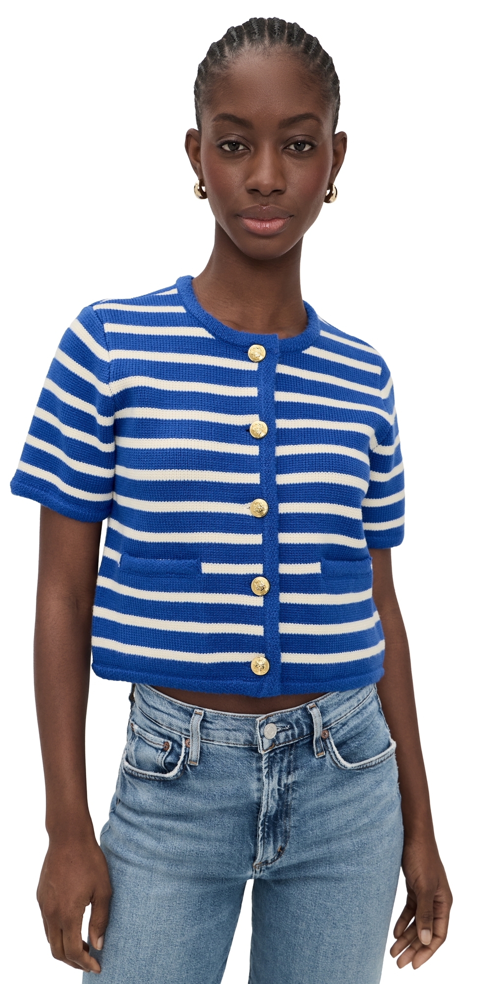 English Factory Knit Striped Sweater Cardigan BlueIvory