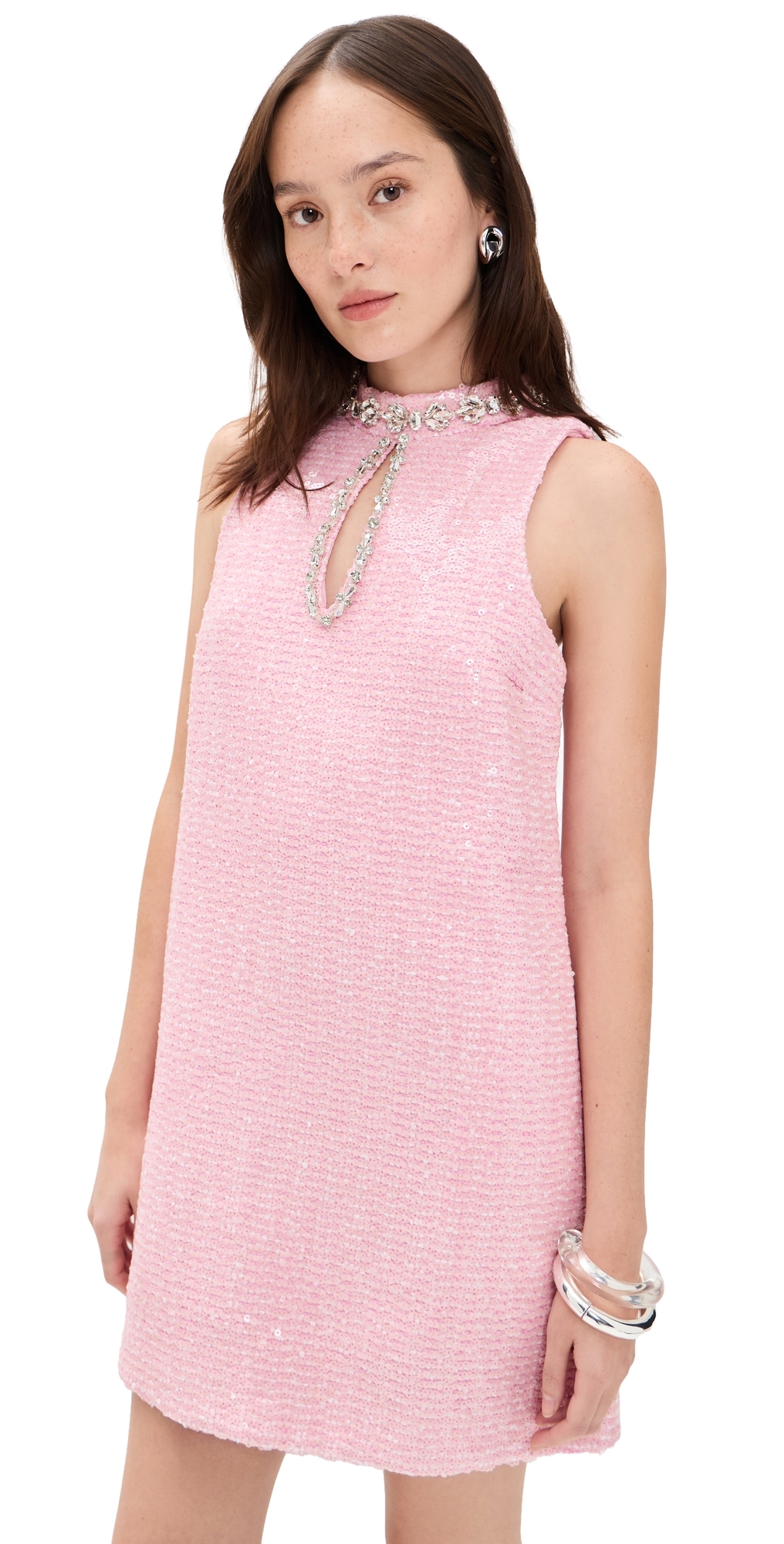 English Factory Rhinestone Mini Tweed Dress Pink