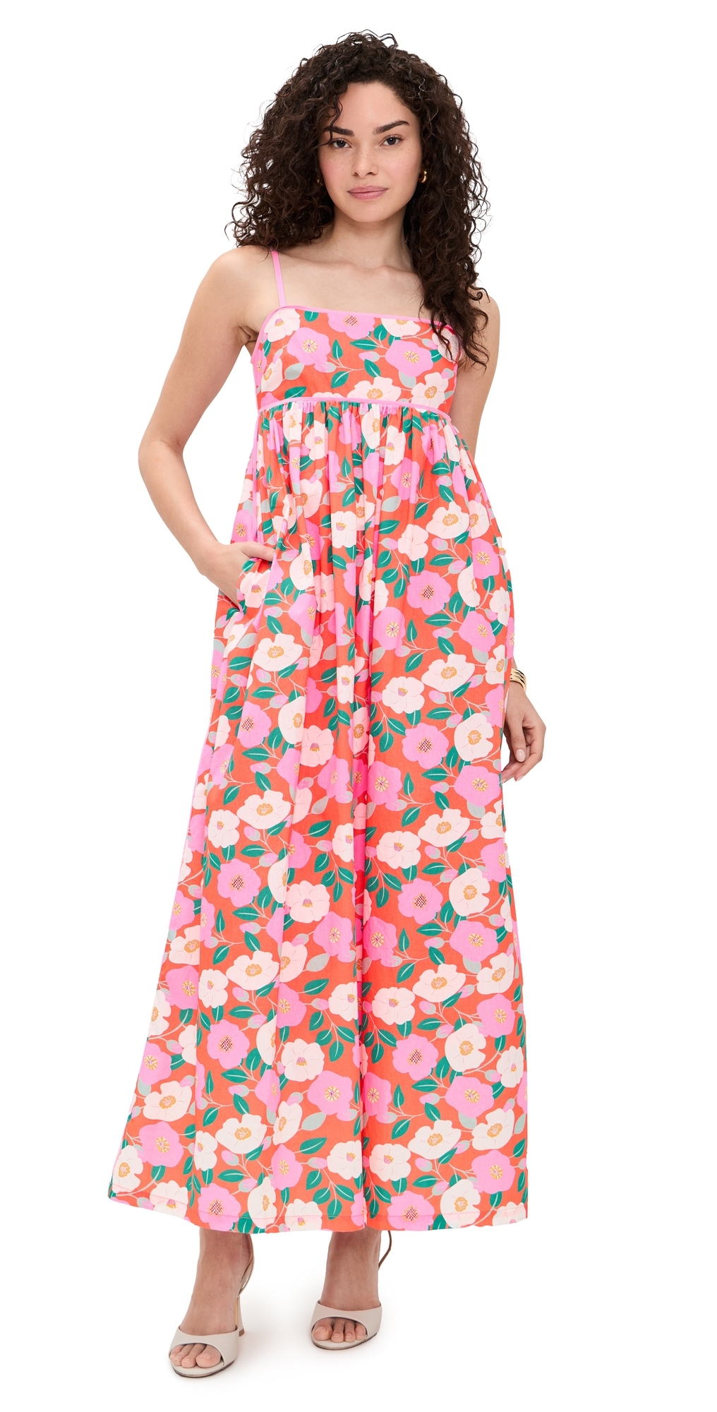 English Factory Print Empire Waist Maxi Dress Coral Orange Multi