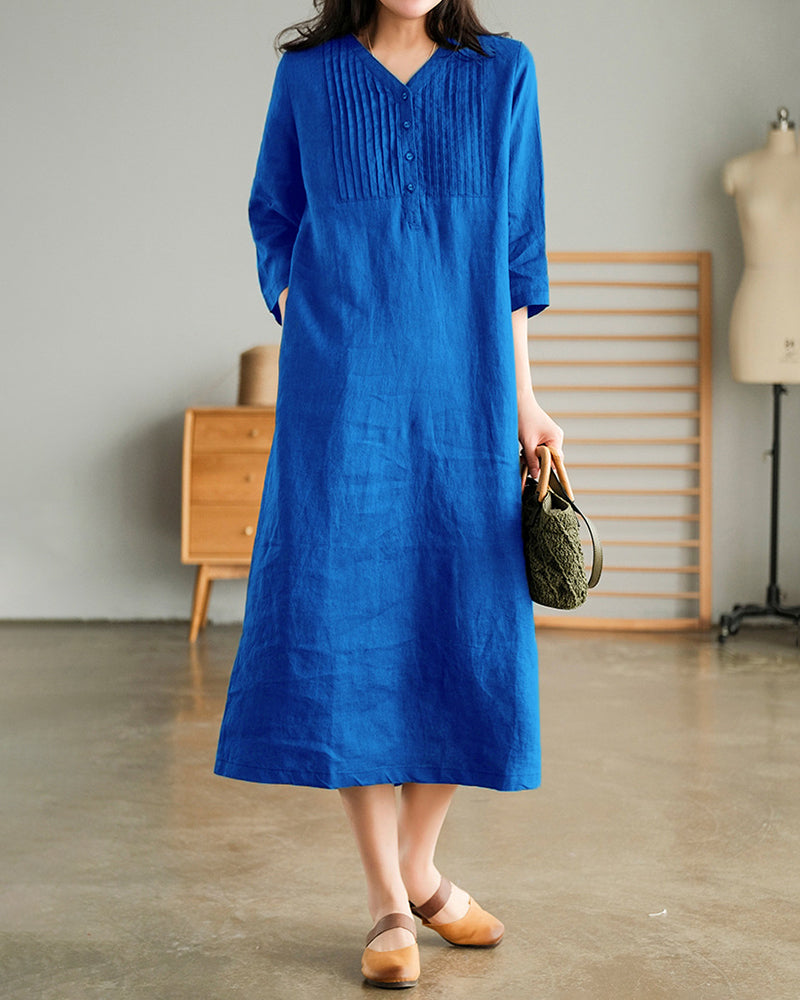 Loose Stitching Solid Color V-neck Half-sleeved Mid-length Dress - Blue