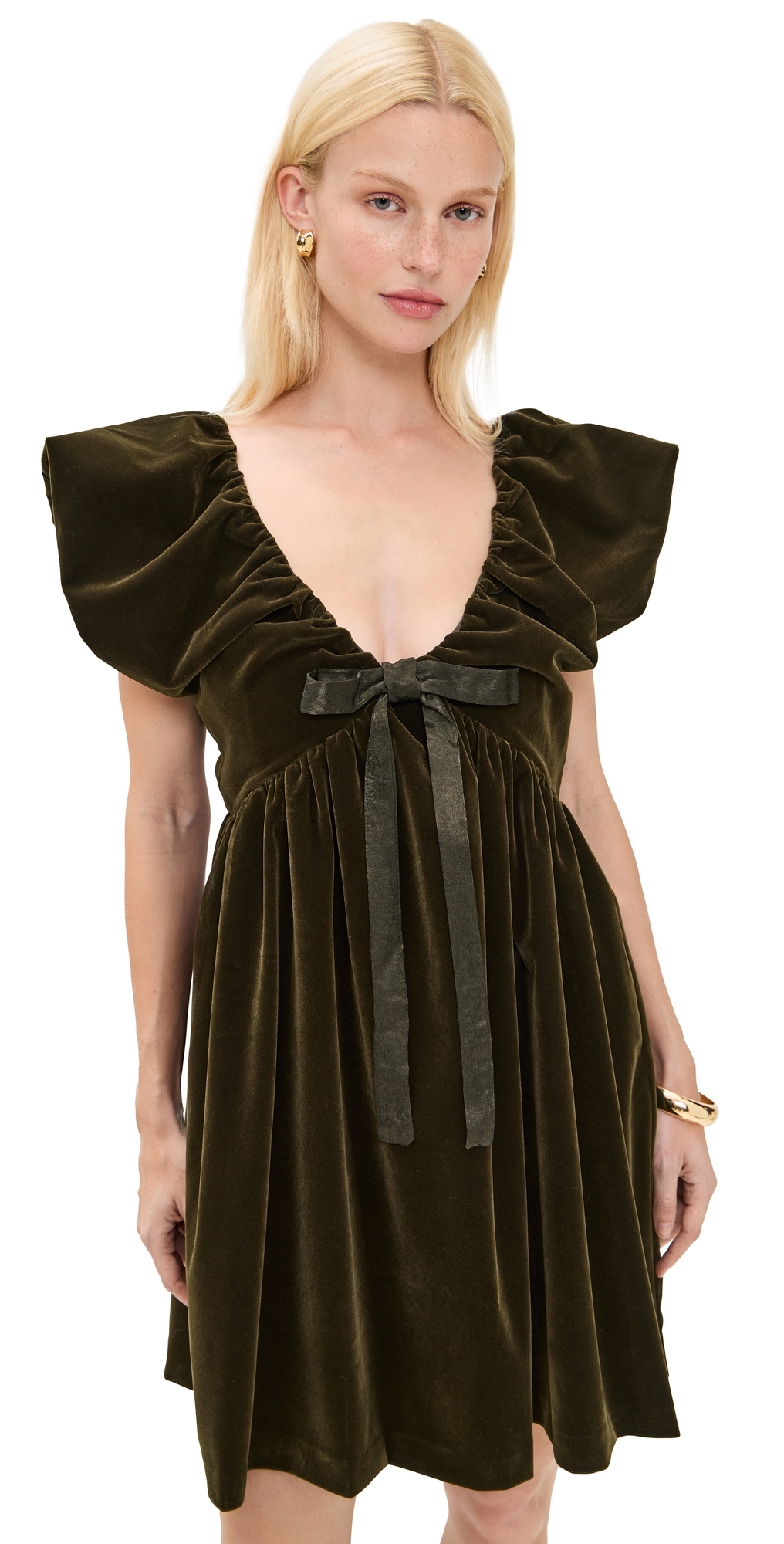 endless rose Velvet Satin Mini Bow Dress Olive Green