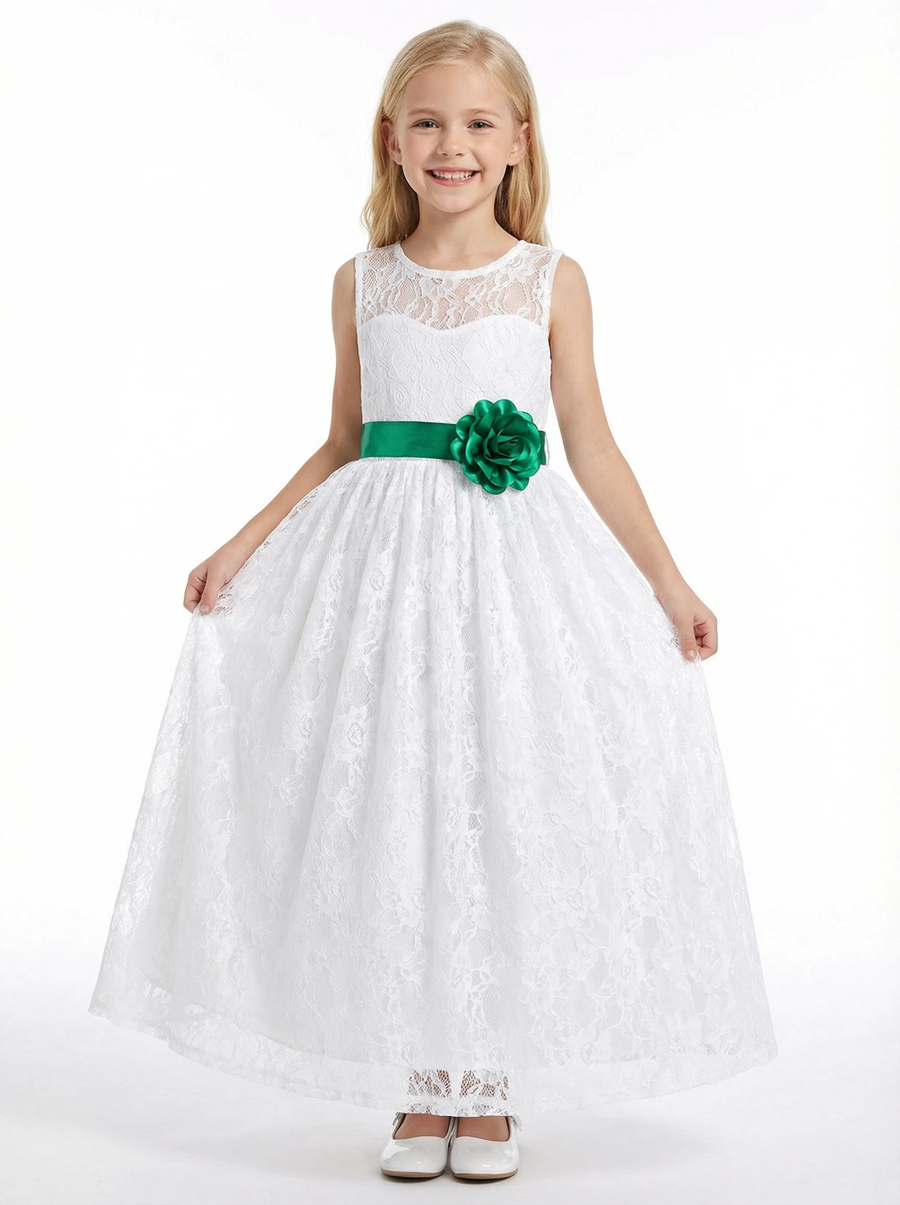 Lace A-Line Flower Girl Dress with Sleeveless Illusion Neckline and Floor Length Tulle Skirt