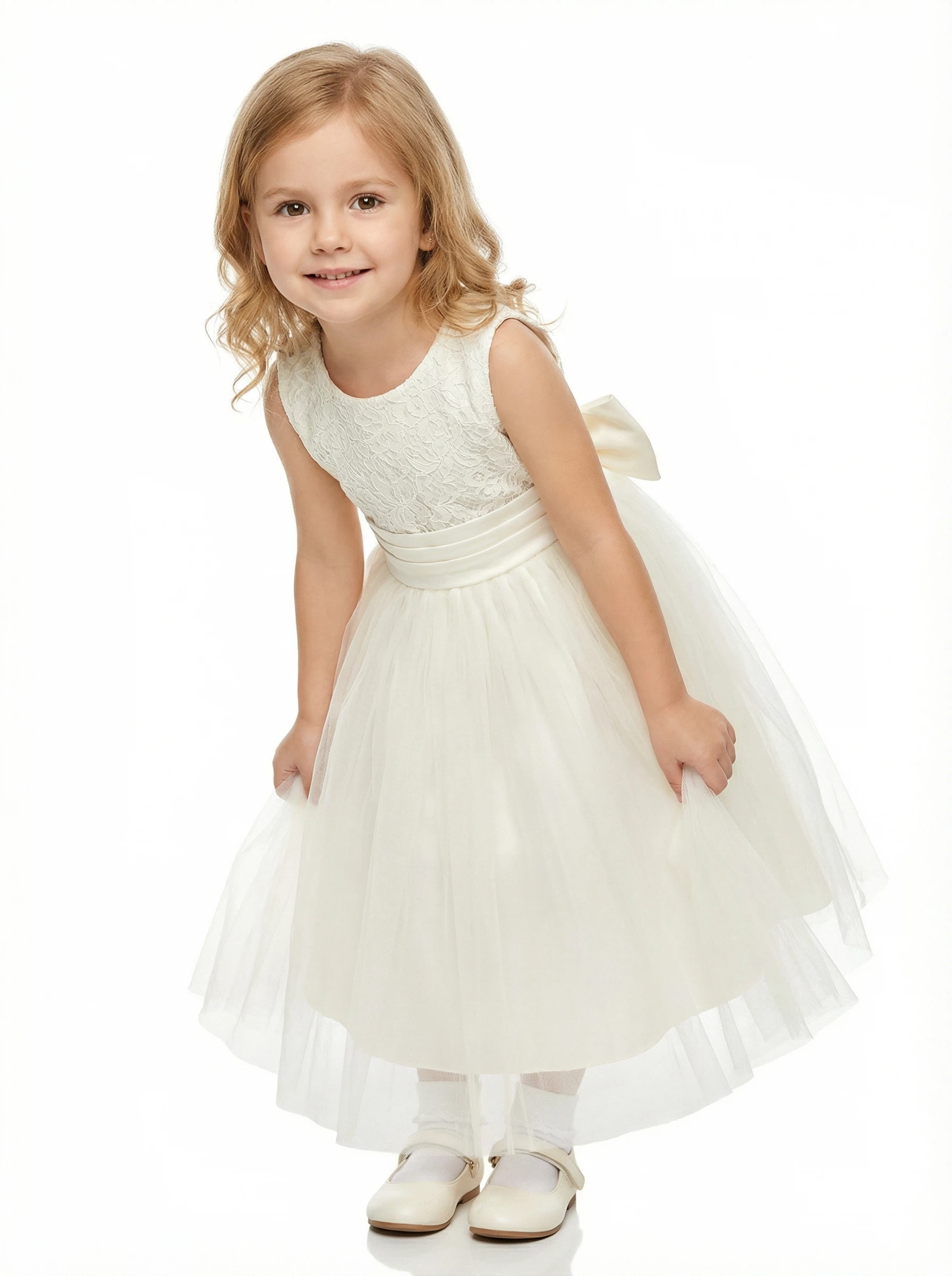 Sleeveless Lace Flower Girl Dress Scoop Neck A-Line Midi Length Soft Tulle Wedding Outfit - Custom Colorleaving a note