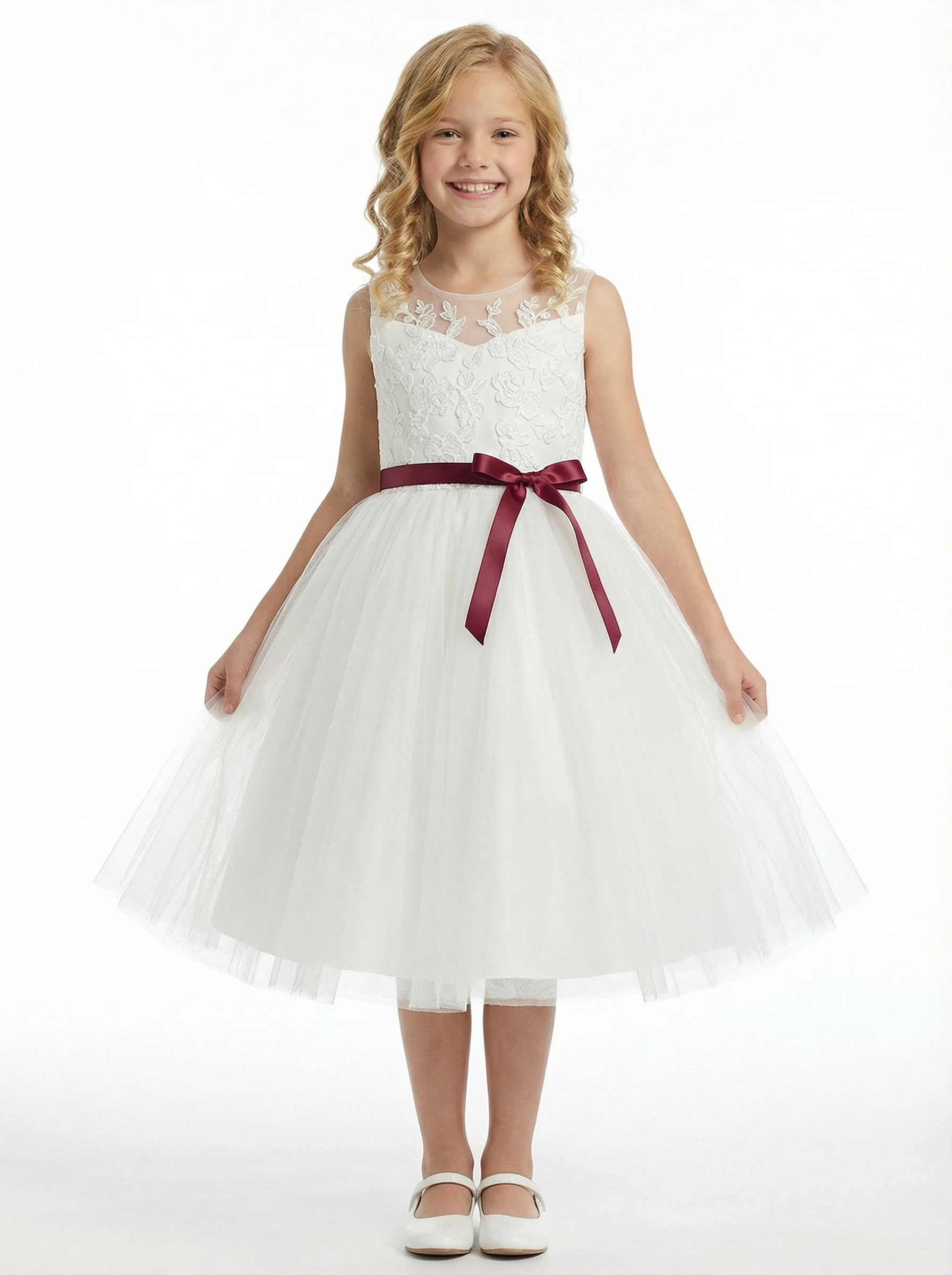 Classic Floral Lace Flower Girl Dress with Soft Tulle Skirt and Burgundy Waist Bow - Custom Colorleaving a note