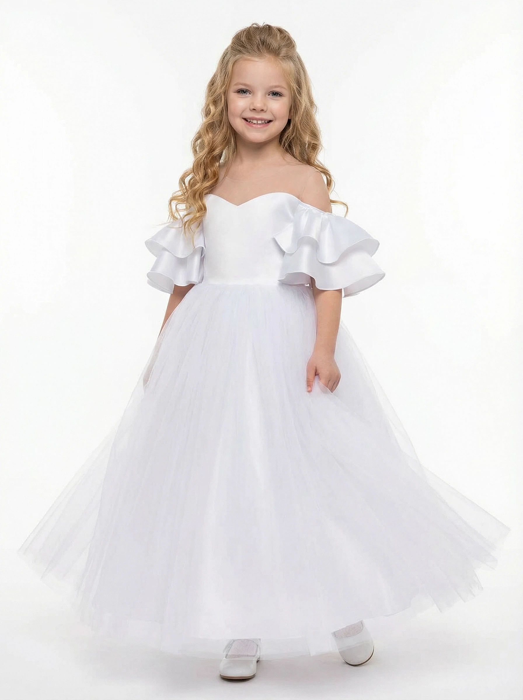 Elegant Off-Shoulder White Tulle Flower Girl Dress with Ruffled Sleeves and Full-Length Princess Skirt - Custom Colorleaving a note