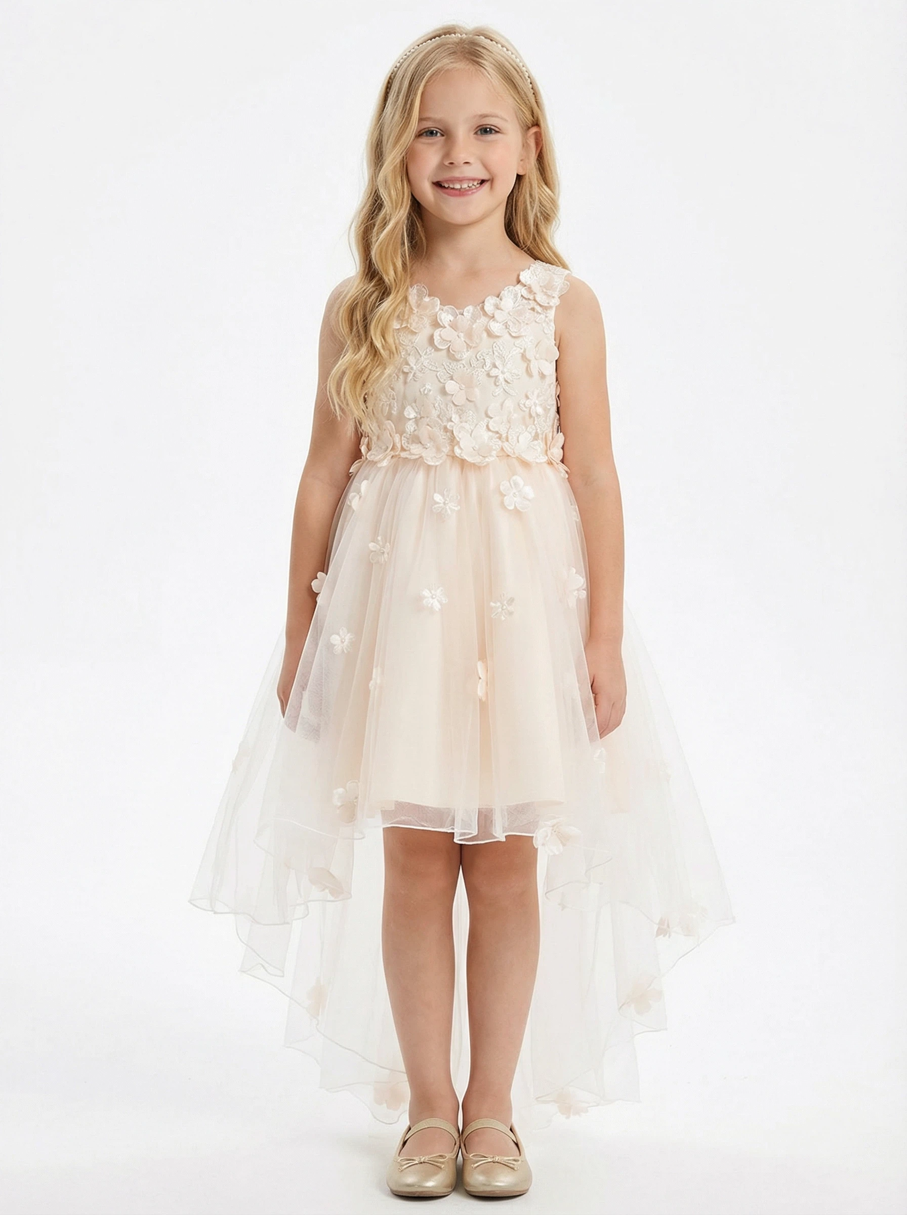 V-Neck Sleeveless Floral Lace Tulle Flower Girl Dress Cute High-Low Gown with Back Bow Detail - Custom Colorleaving a note