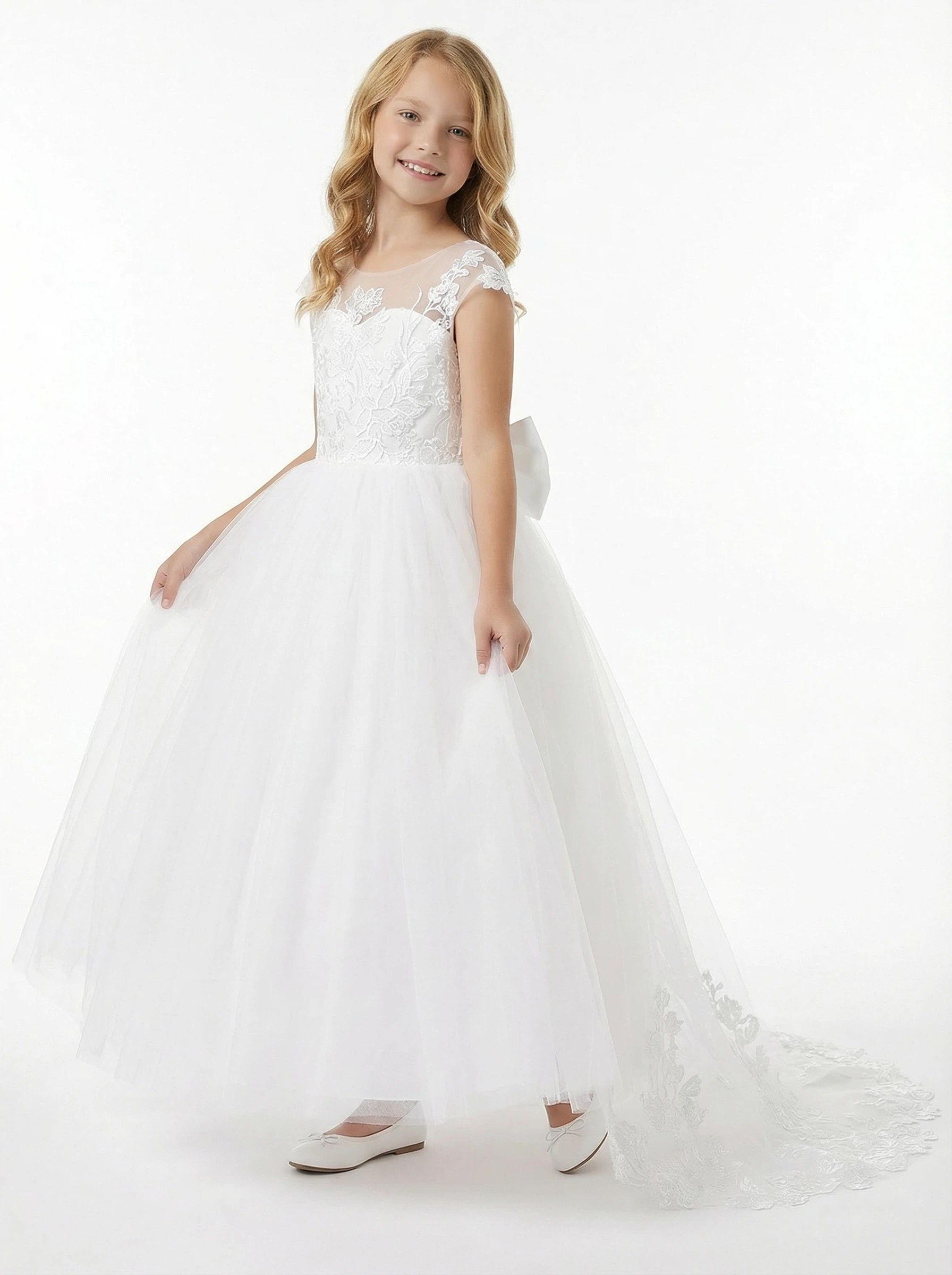 A-Line Round Neck Lace Tulle Flower Girl Dress Open Back Bow Accent Elegant Flower Tulle Dress for Formal Events - Custom Colorleaving a note