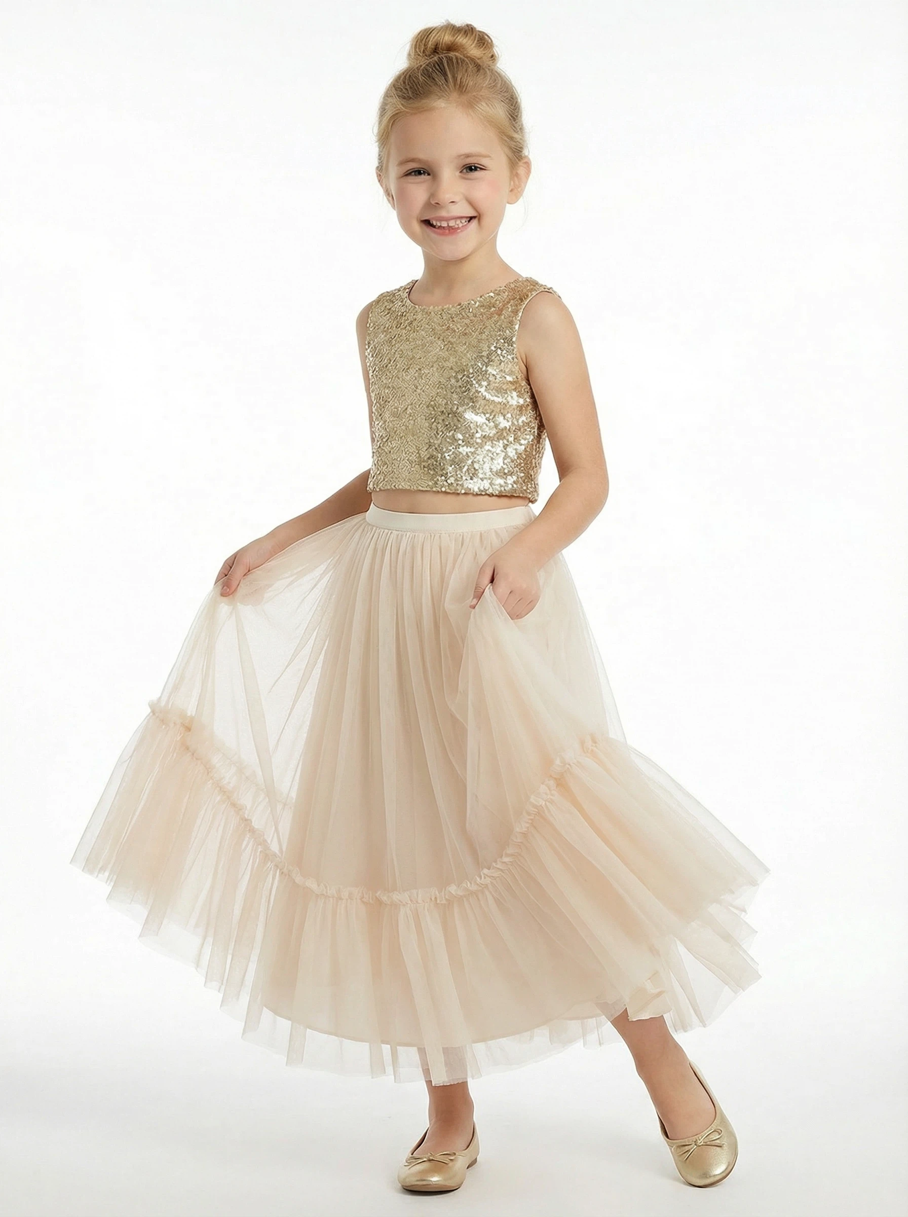 Two Piece Sequin Junior Bridesmaid Dress Tulle Skirt Ruffle Hem Sleeveless Sparkle - Custom Colorleaving a note