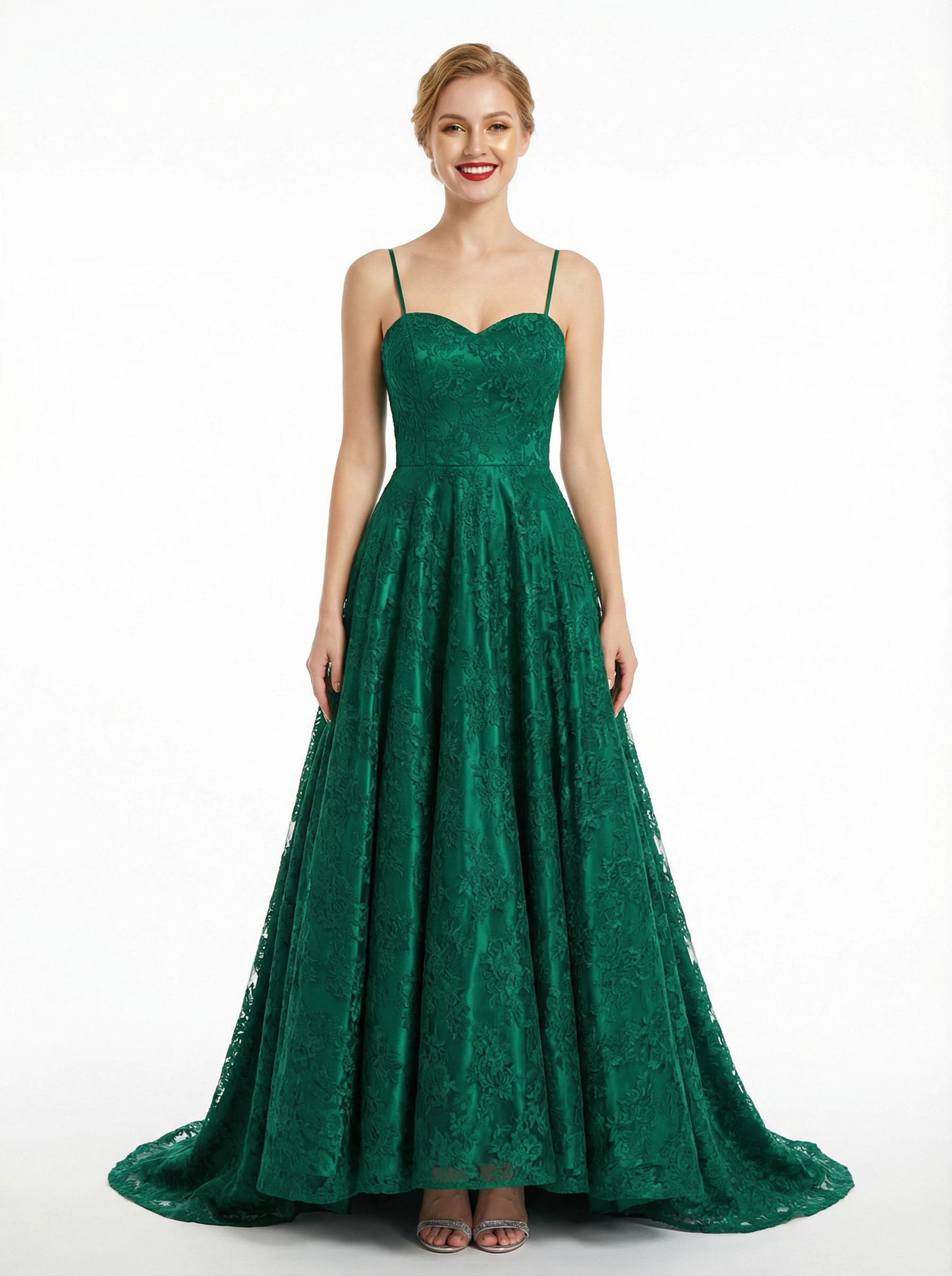 Elegant Spaghetti Strap Floral Embroidered Mesh Gown Formal Night Prom Dress