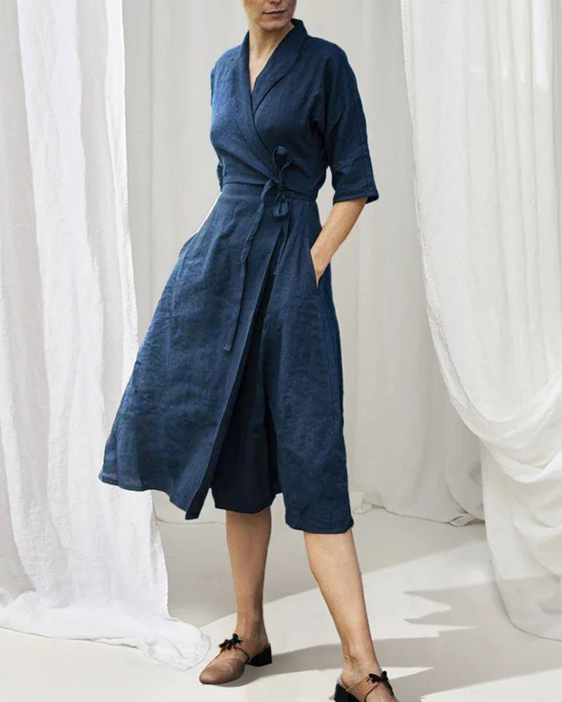 Mid-sleeve Tie Lapel Large Swing Dress Solid Color Casual Dress - Navy blue M