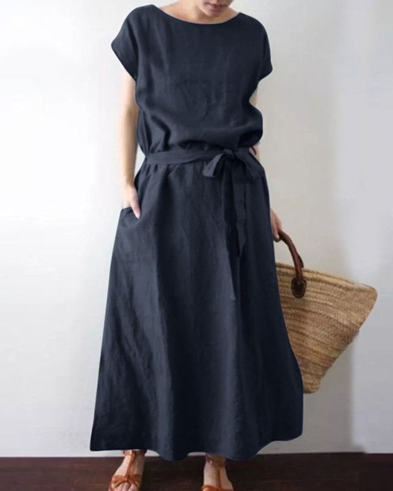 Long Maxi Crew Neck Dress with Belt High Waist with Pockets Conton Dress - Navy blue S