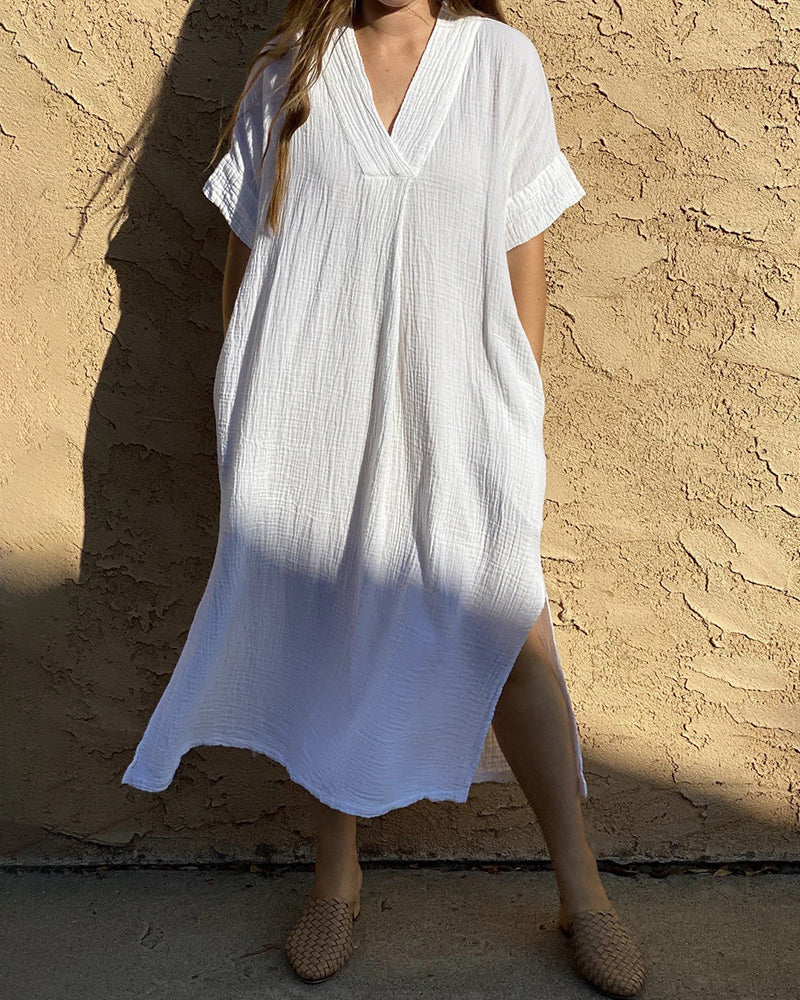 Zeagoo Women's Crepe Beach Cover Up Boho Beach Dress Bikini Swimsuit Sun Shirt Top - White M