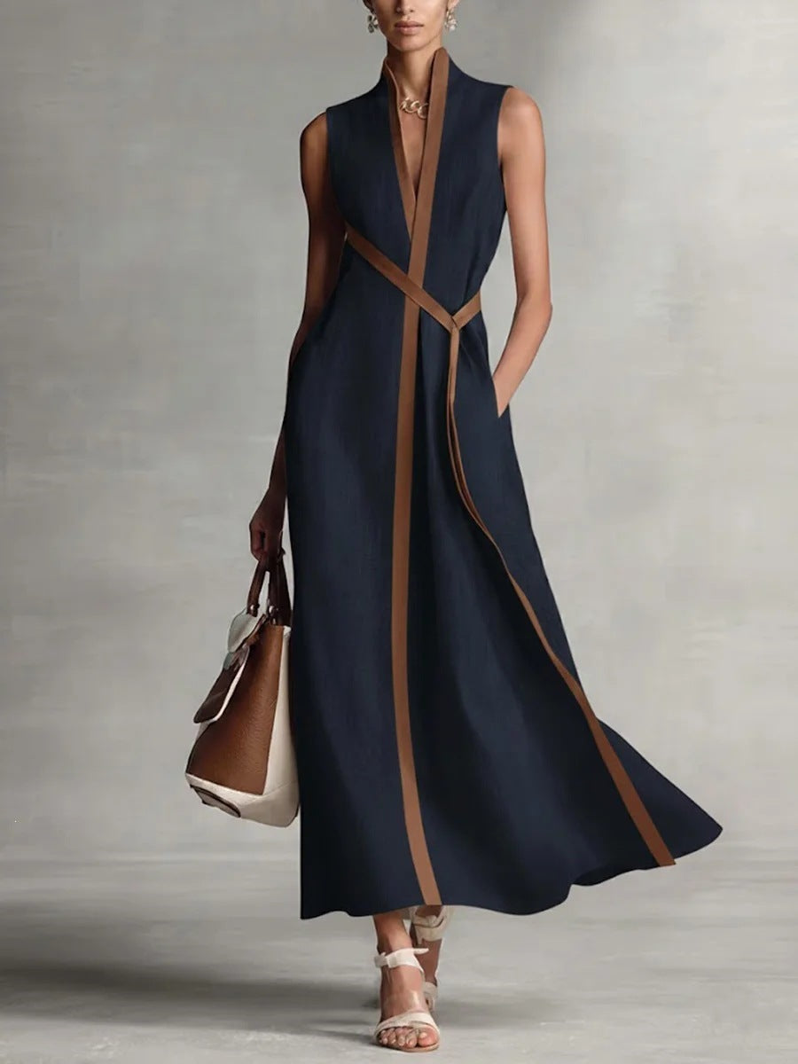 Women's Color Block Sleeveless Stand Collar Linen Blend Dress - Navy Blue