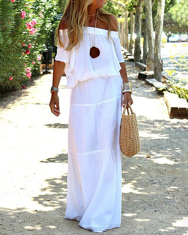 Off Shoulder White Dress Elegant Slash Neck Beach Dress - White M