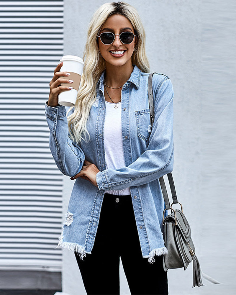 Zeagoo Button Denim Jacket Distressed Ripped Long Sleeve Cute Jean Coat - Blue M