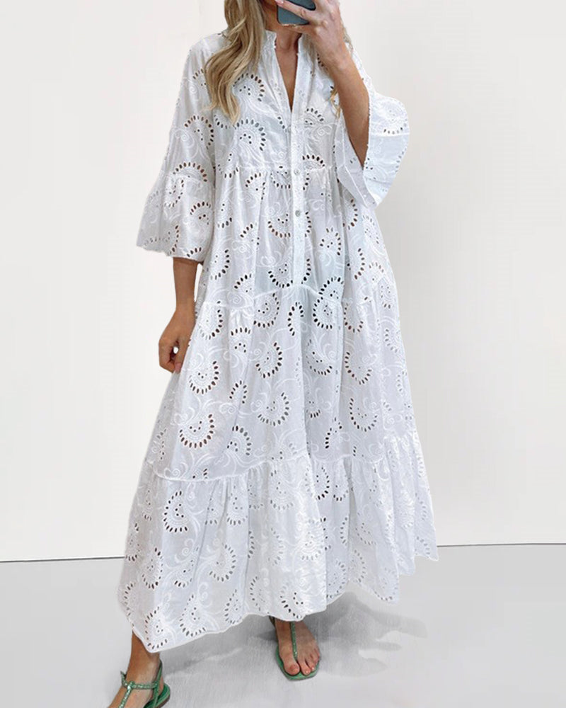 Loose Vintage Solid Color Hollow-out Lace Dress V-neck Flare Sleeve Embroidery Maxi Dress - White L-