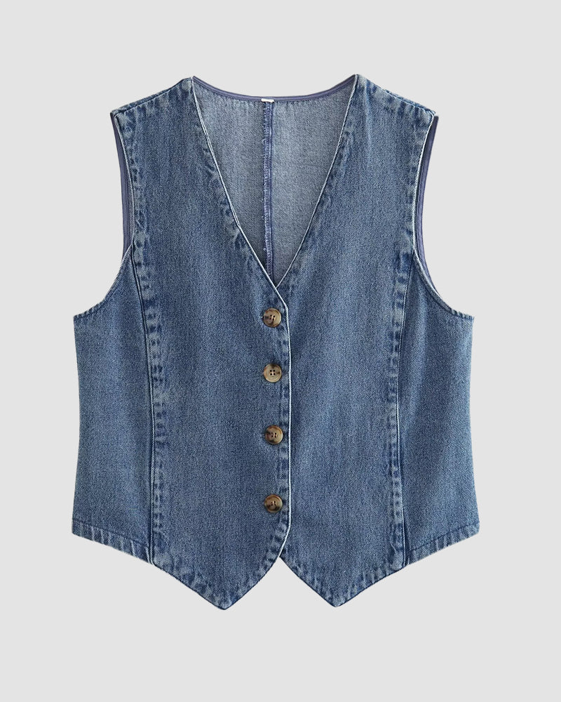 Sleeveless Denim Vest V Neck Button Down Waistcoat Jacket - Blue S