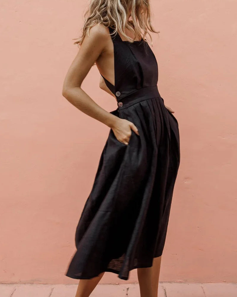 Strap Button Waist Pleated Dress - Black S