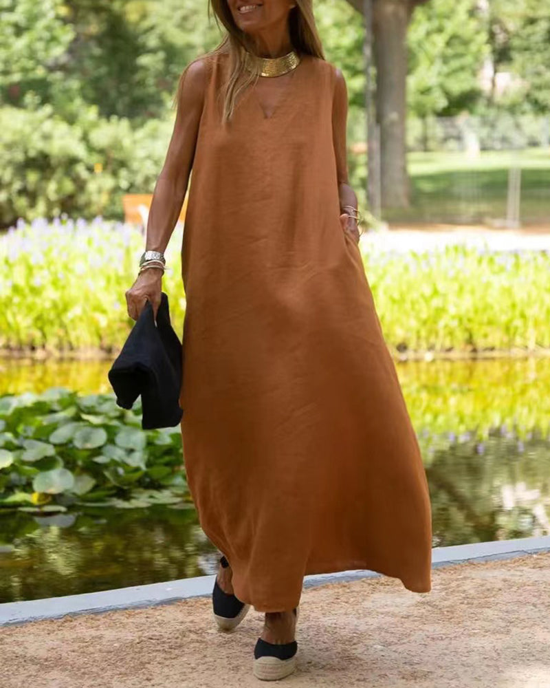 V Neck Pocket Loose Long Boho Dress Summer Sleeveless Tank Beach Dress - Yellow S