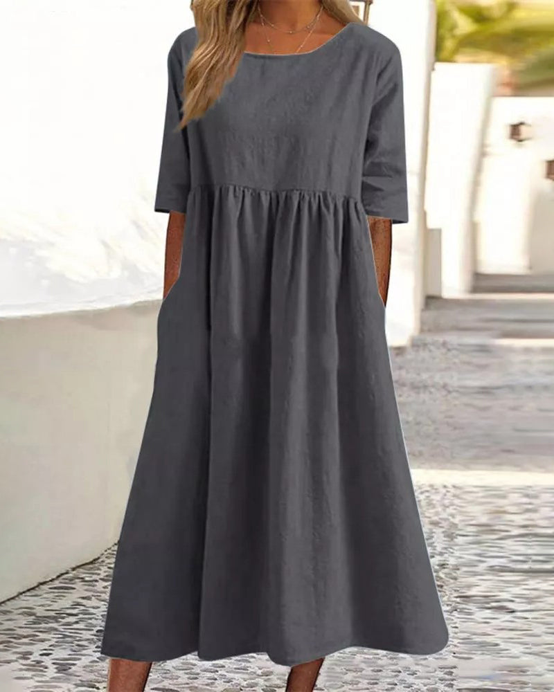 Zeagoo Women's Beach Short Sleeve Scoop Neck Ruffle Swing Casual Boho Midi Dress with Pockets - Dark Grey S