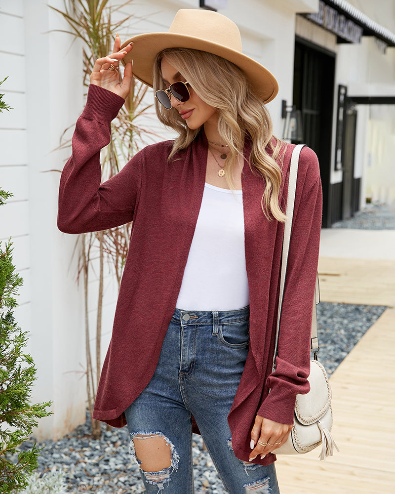 Loose Fit Lightweight V-neck Open Front Sweater Cardigan - Wine Red M