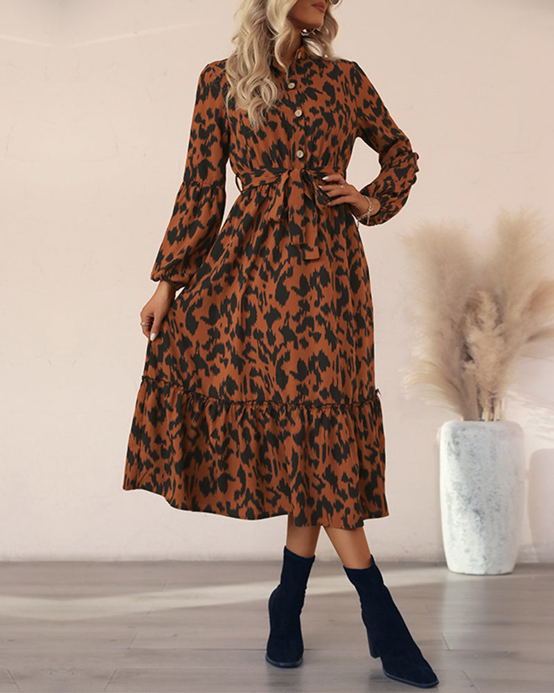 Long-sleeved Leopard Print Button Mid Dress with Belt - Brown