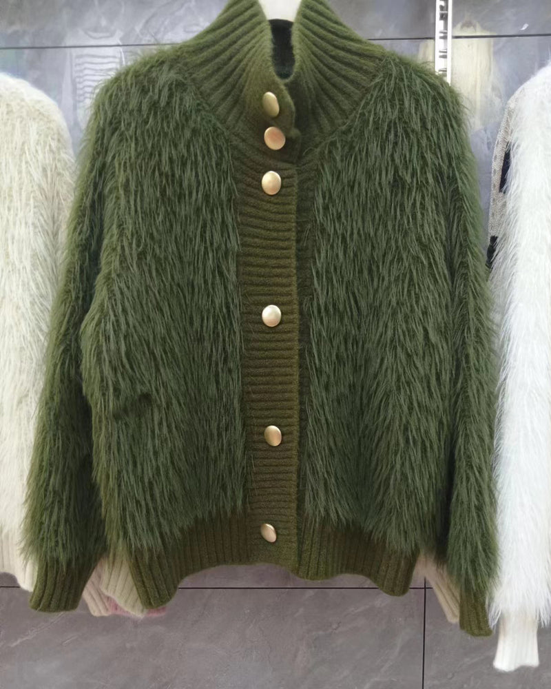 Women's Faux Fur Sweater Cardigan Knitted Turtleneck Jumper Fluffy Coat - Army Green M