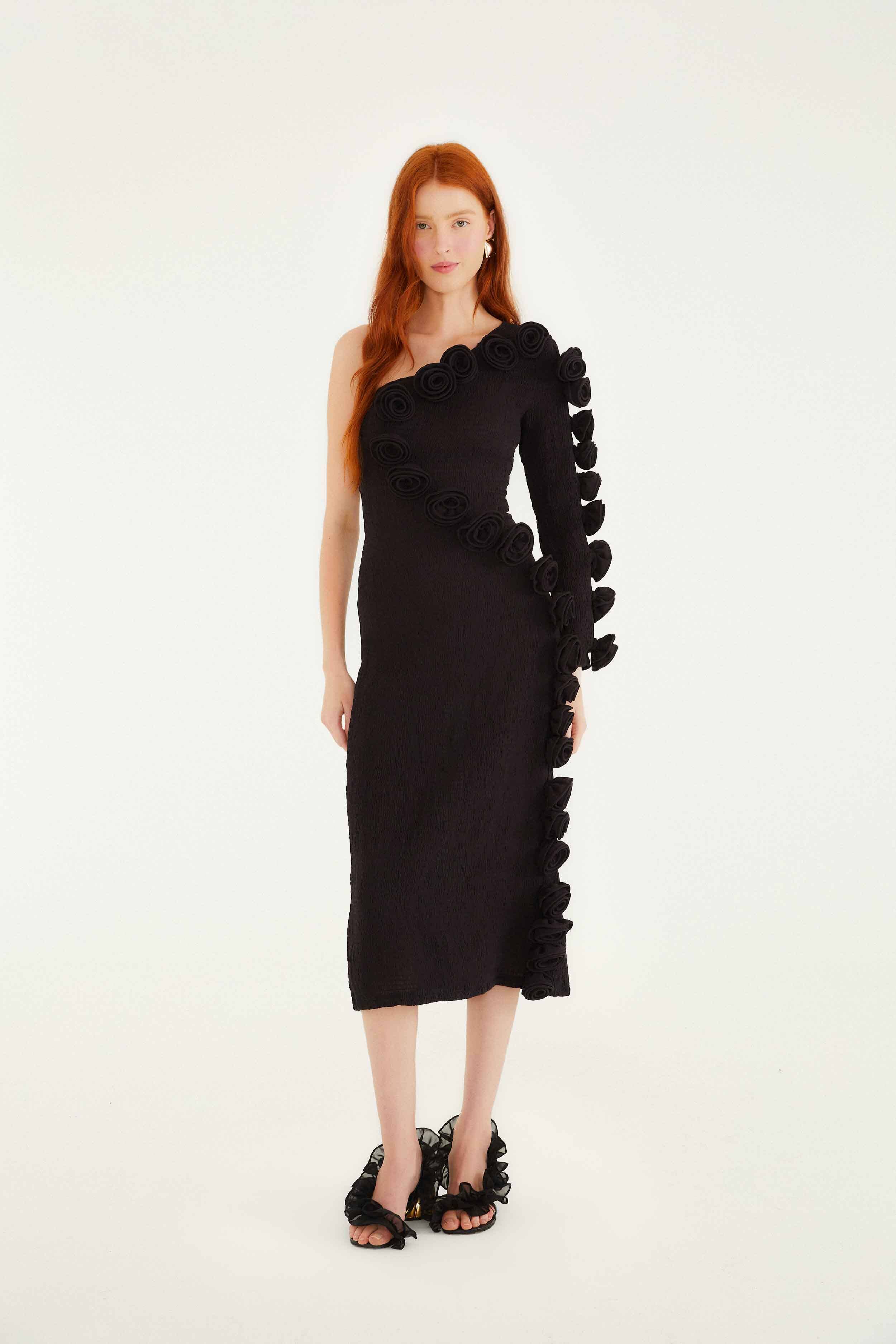 Black d Rose One-Shoulder Midi Dress, BLACK