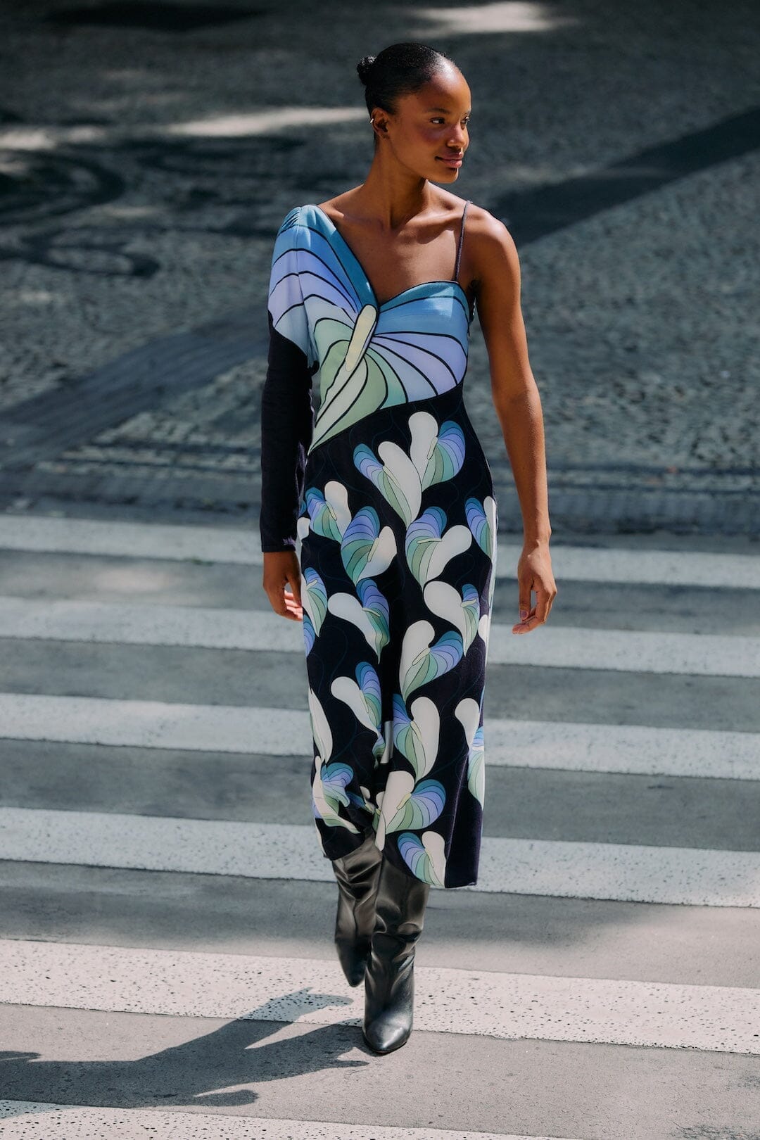 Black Lovely Anthurium One-Shoulder Maxi Dress, LOVELY ANTHURIUM BLACK