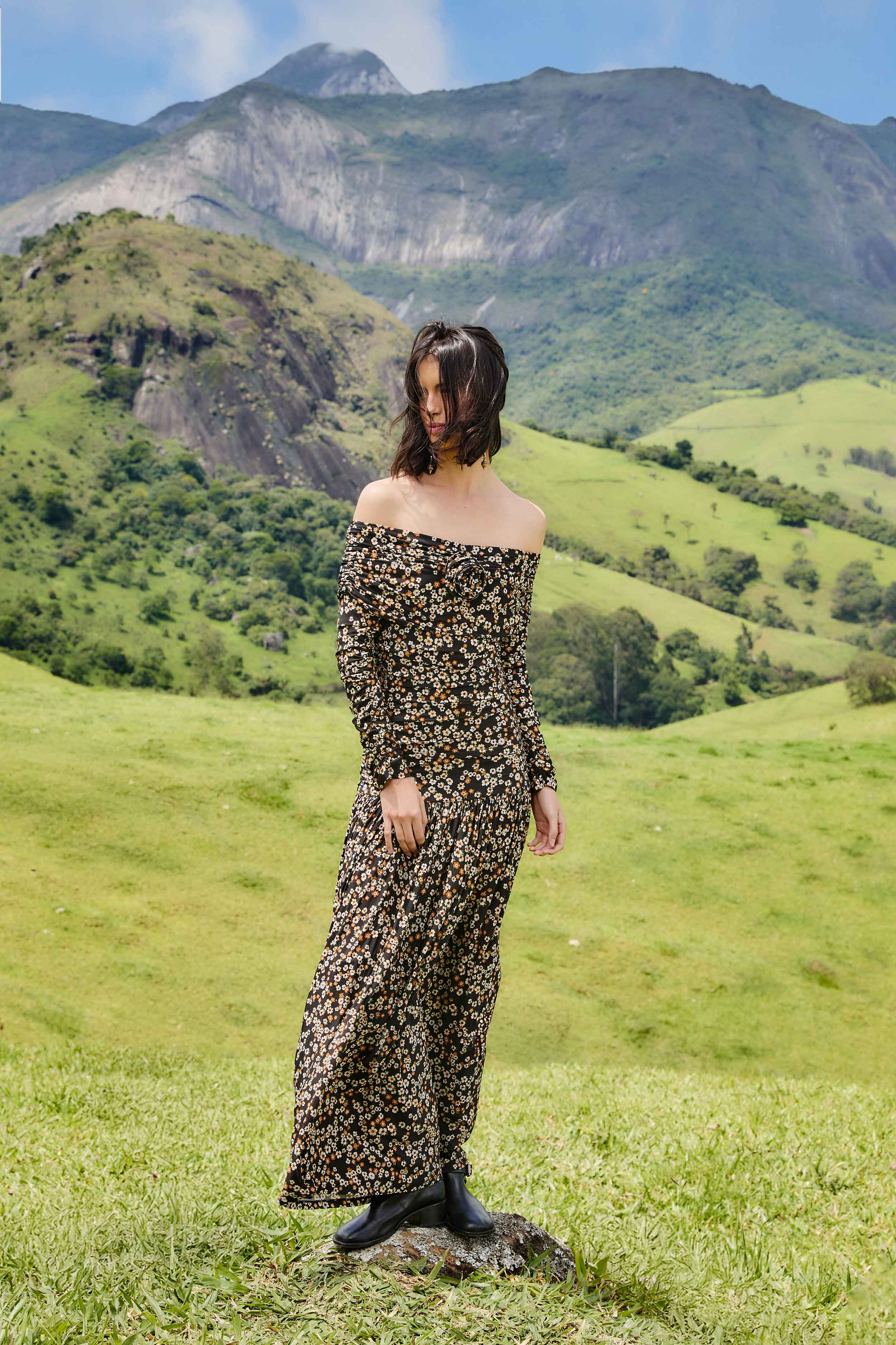 Black Tiny Flowers Long Sleeve Maxi Dress, TINY FLOWERS BLACK