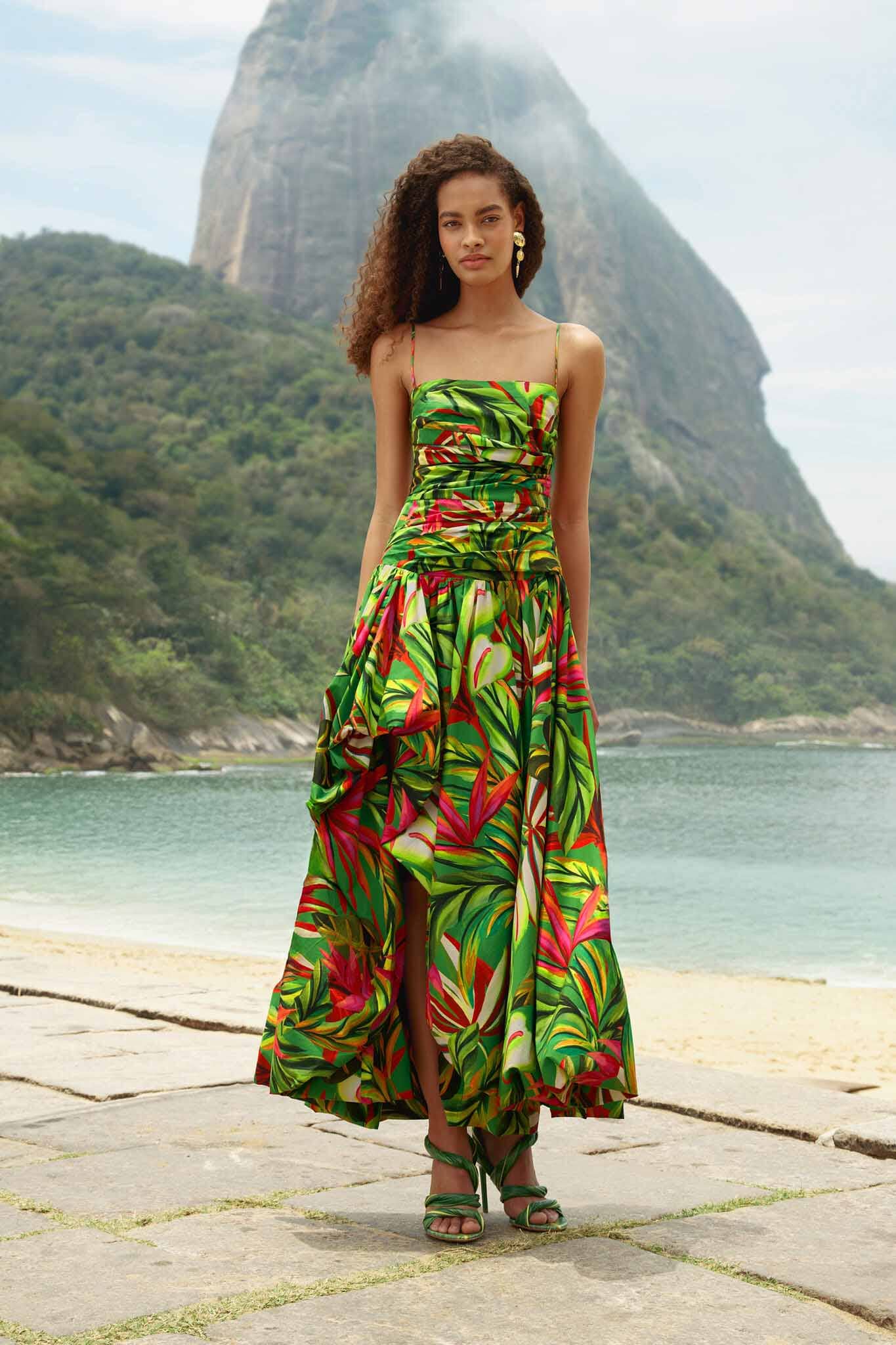 Green Tropical Dream Draped Organic Cotton Maxi Dress, ORANGE