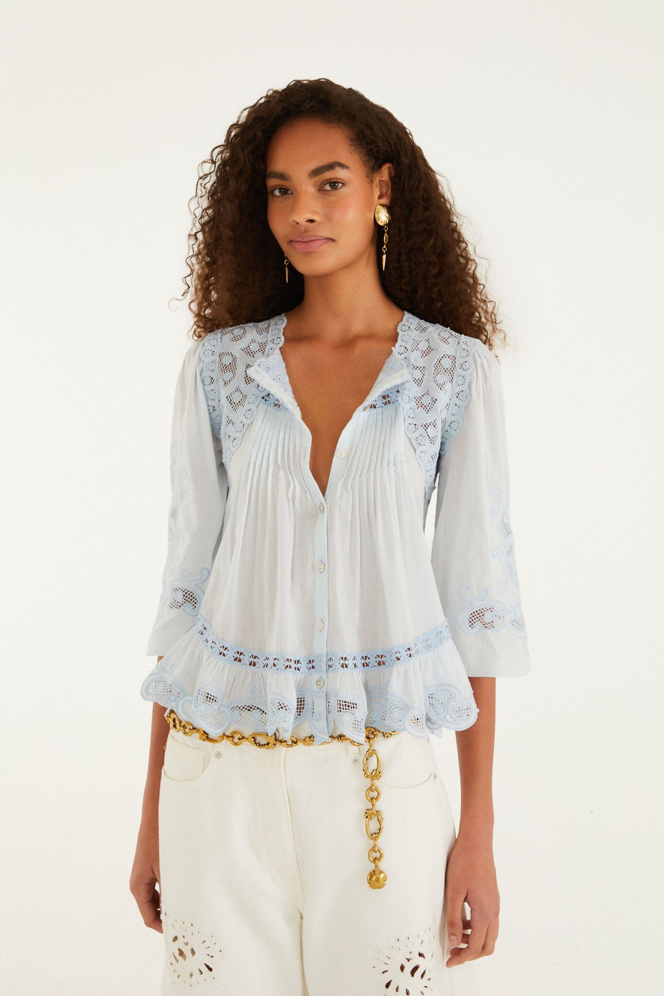 Light Blue Richelieu Short Sleeve Blouse, LIGHT BLUE