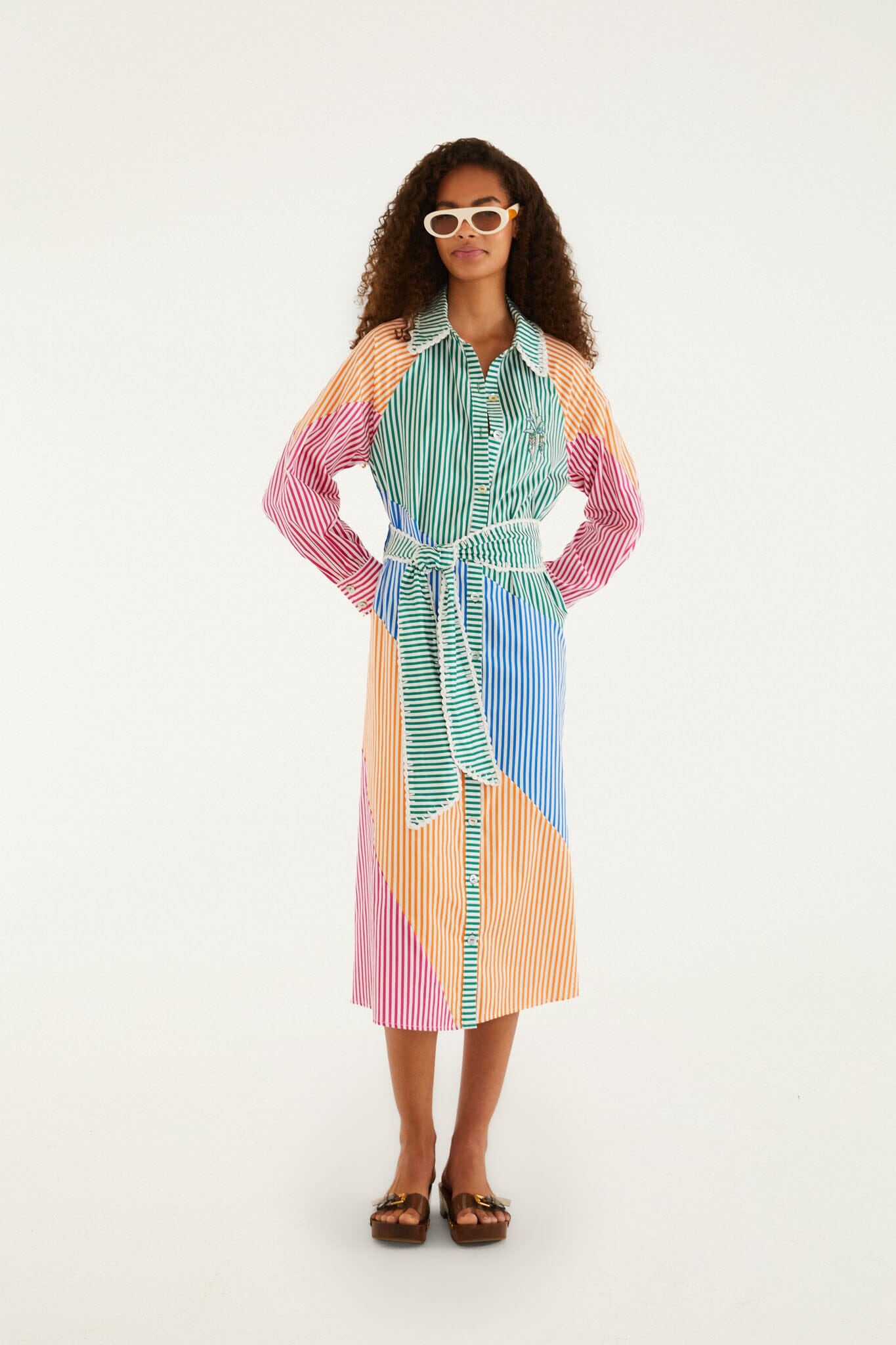 Multicolor Stripes Embroidered Belted Organic Cotton Midi Dress, MULTI