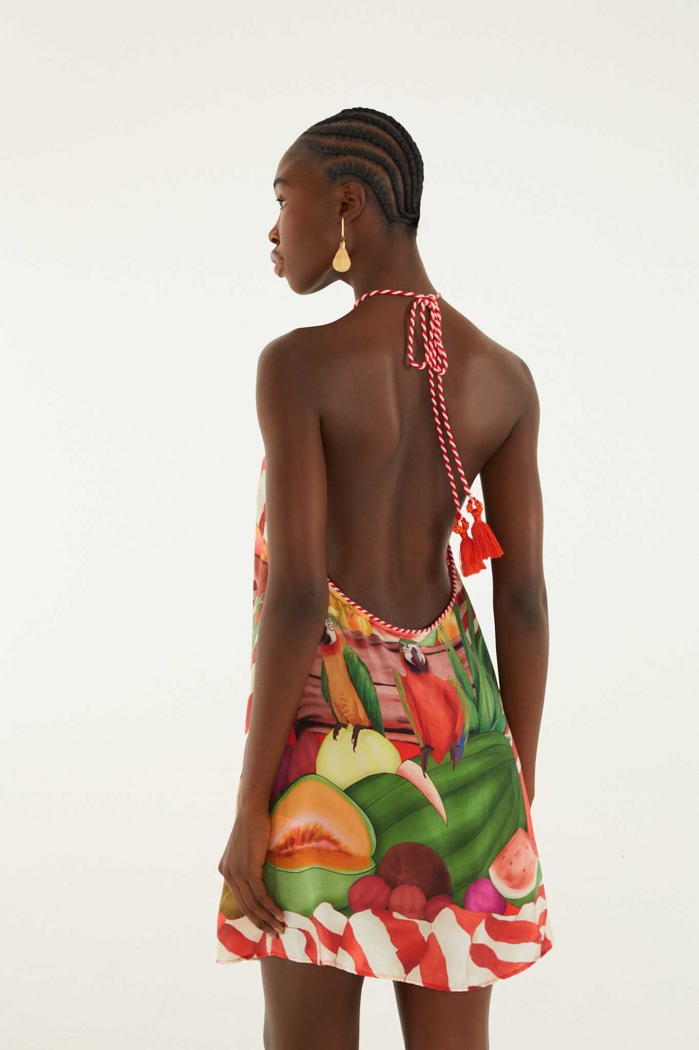 Multicolor Tropical Rope Ties Mini Dress, FRUIT GARDEN