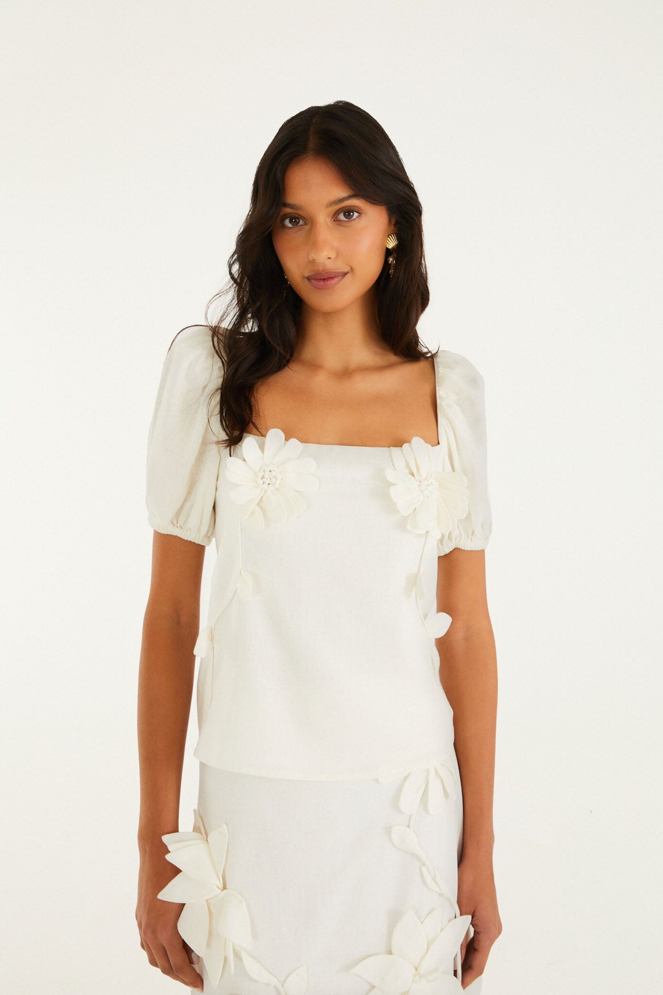 Off-White d Flowers Puff Sleeve Blouse, OFF