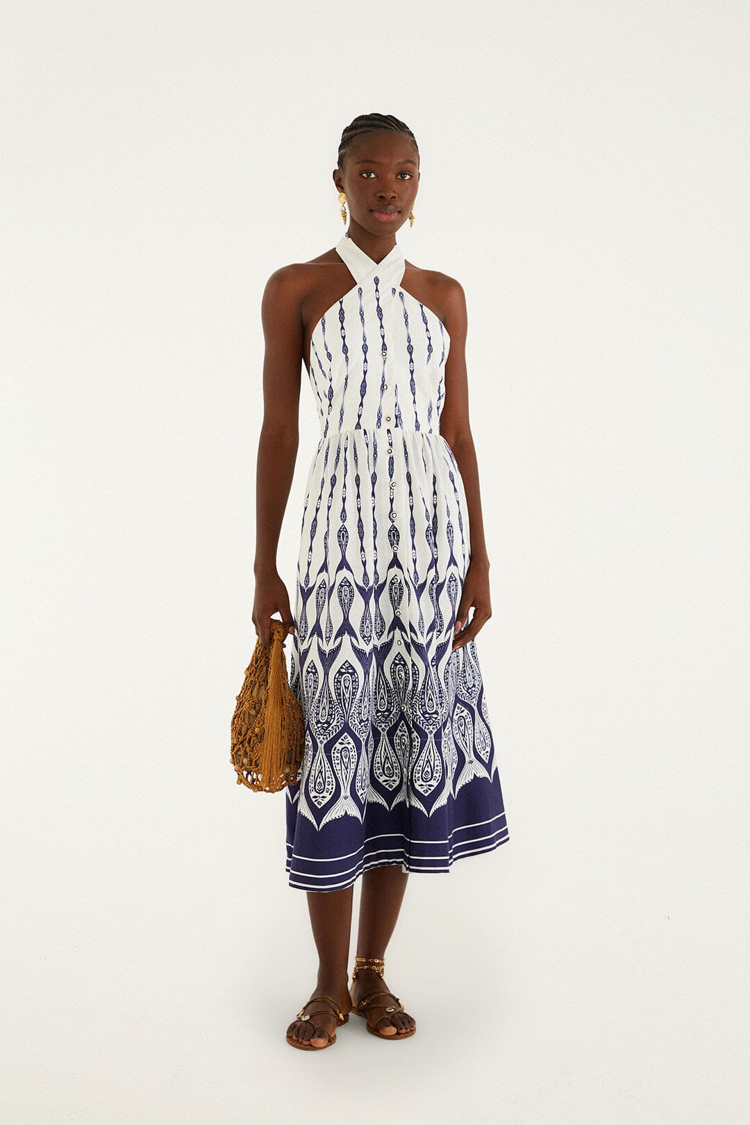 Off-White Fishes Flow Halter Neck Lenzing Ecovero Euroflax Midi Dress, FISHES FLOW OFF