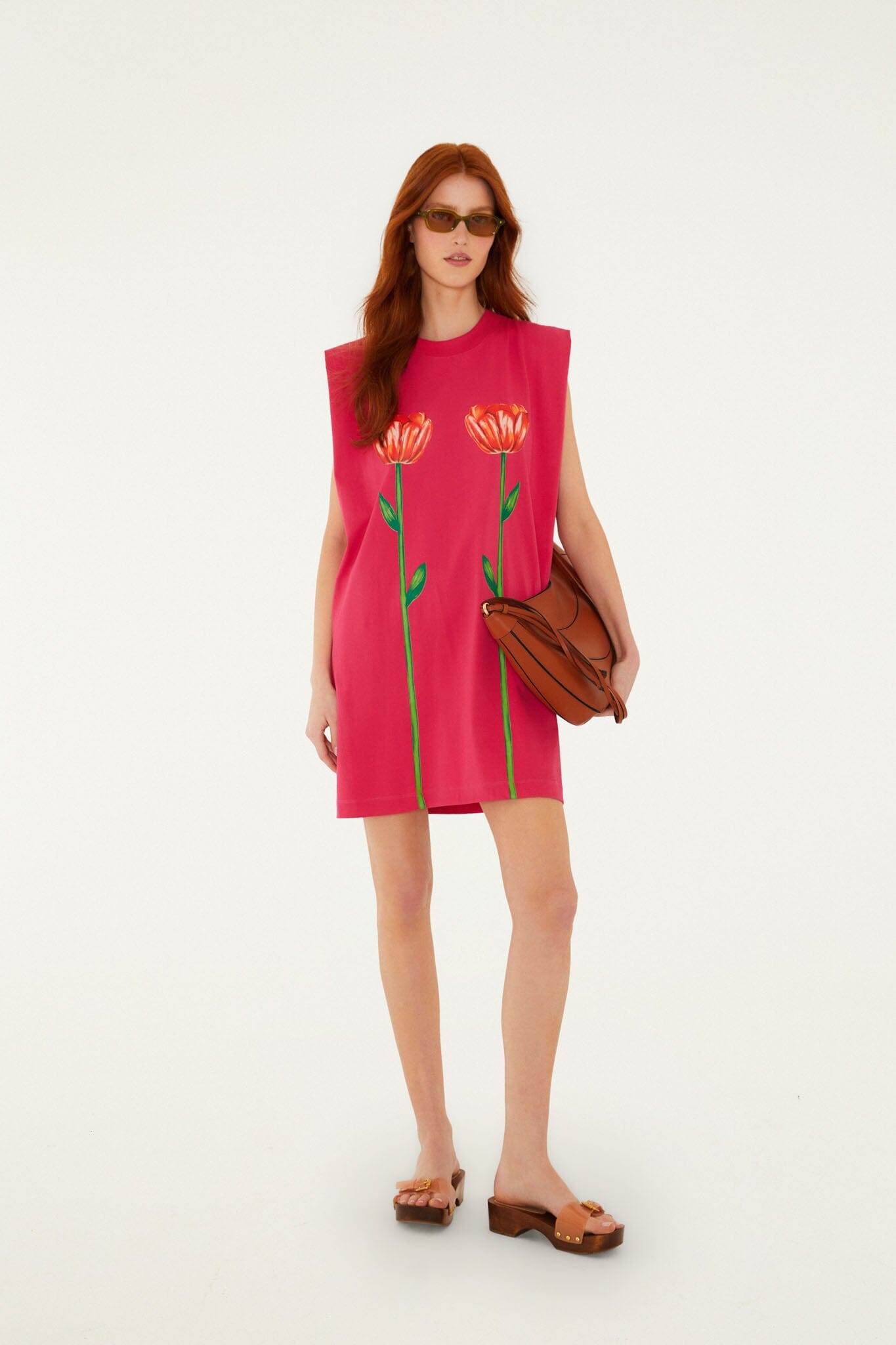 Pink Tropical Rose Padded Shoulders Organic Cotton Mini Dress, PINK