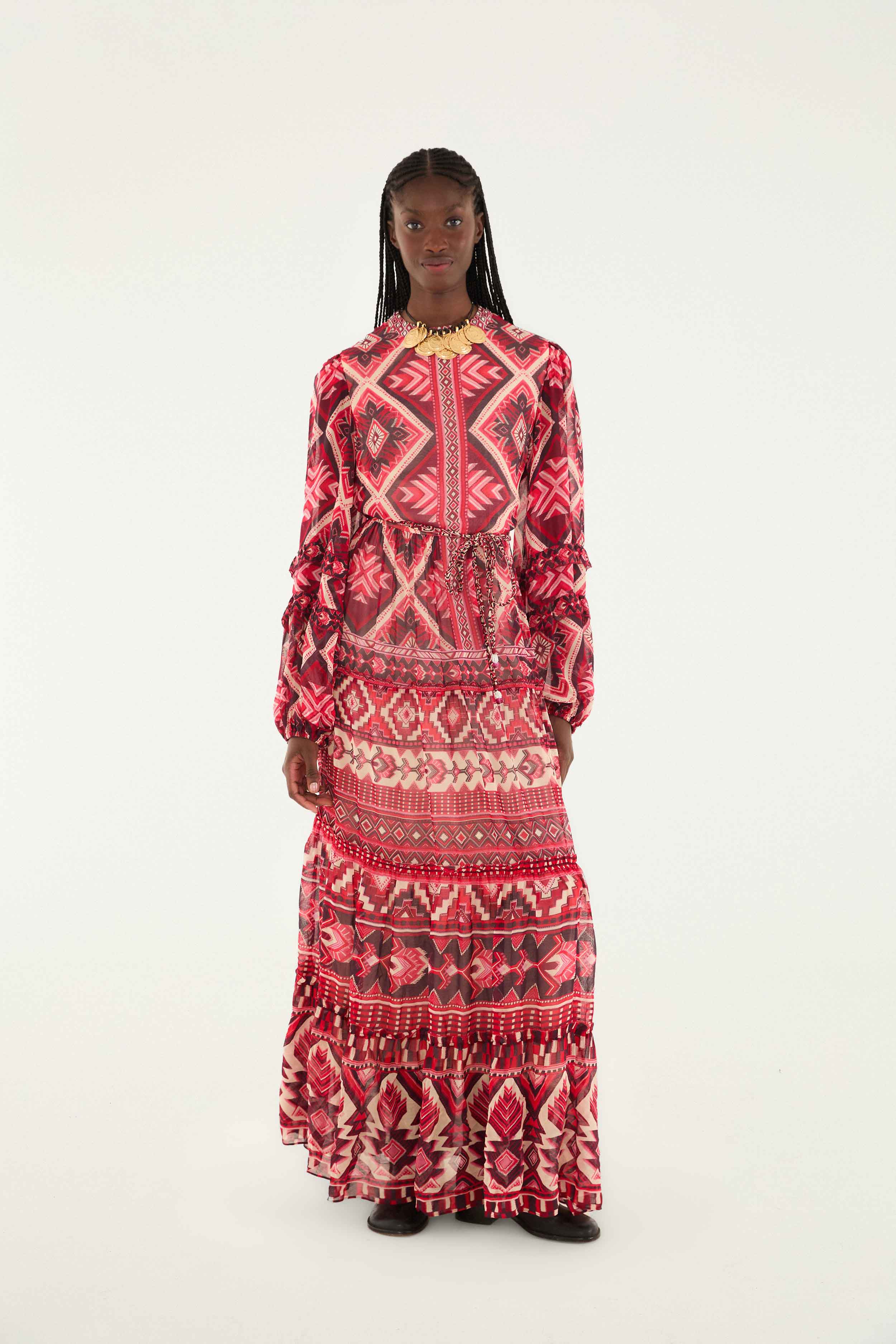 Red Graphic Ainika Belted Tiered Maxi Dress, GRAPHIC AINIKA RED