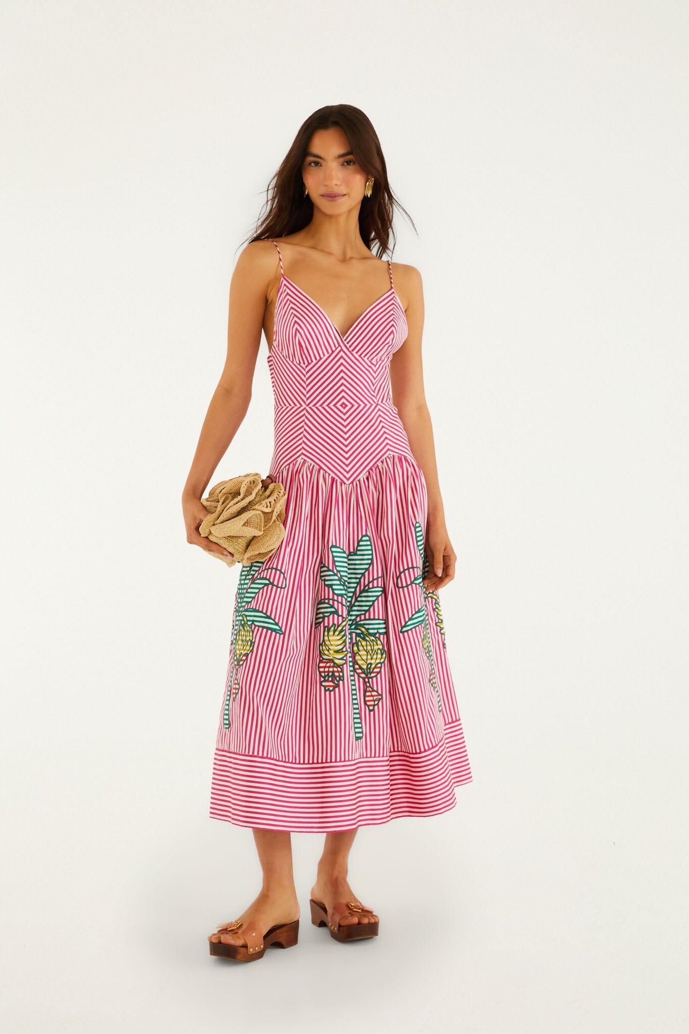 Pink Palm Tree Stripes Cutwork Organic Cotton Midi Dress, MULTI