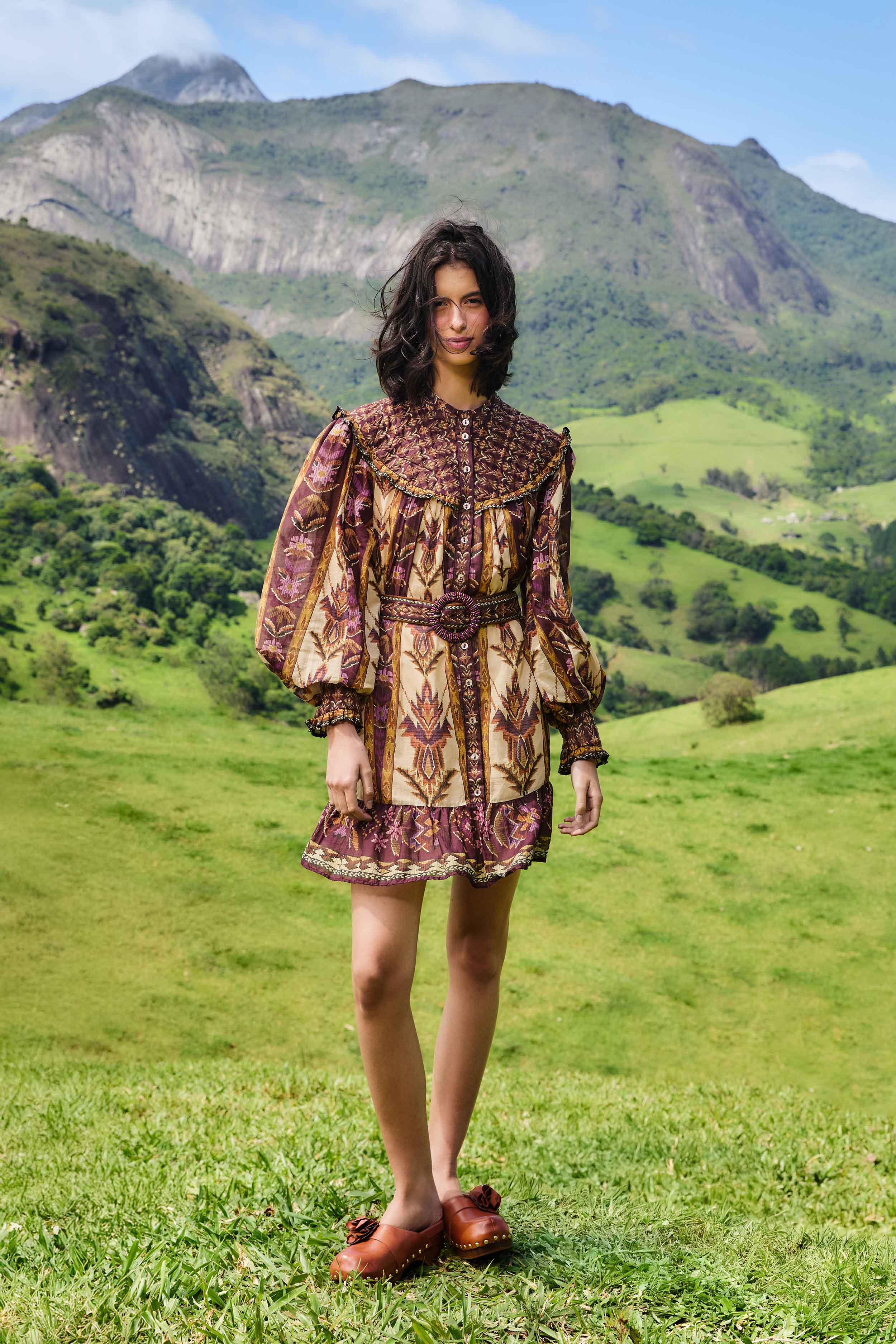 Sand Embroidered Tapestry Long Sleeve Mini Dress, EMBROIDERED TAPESTRY SAND