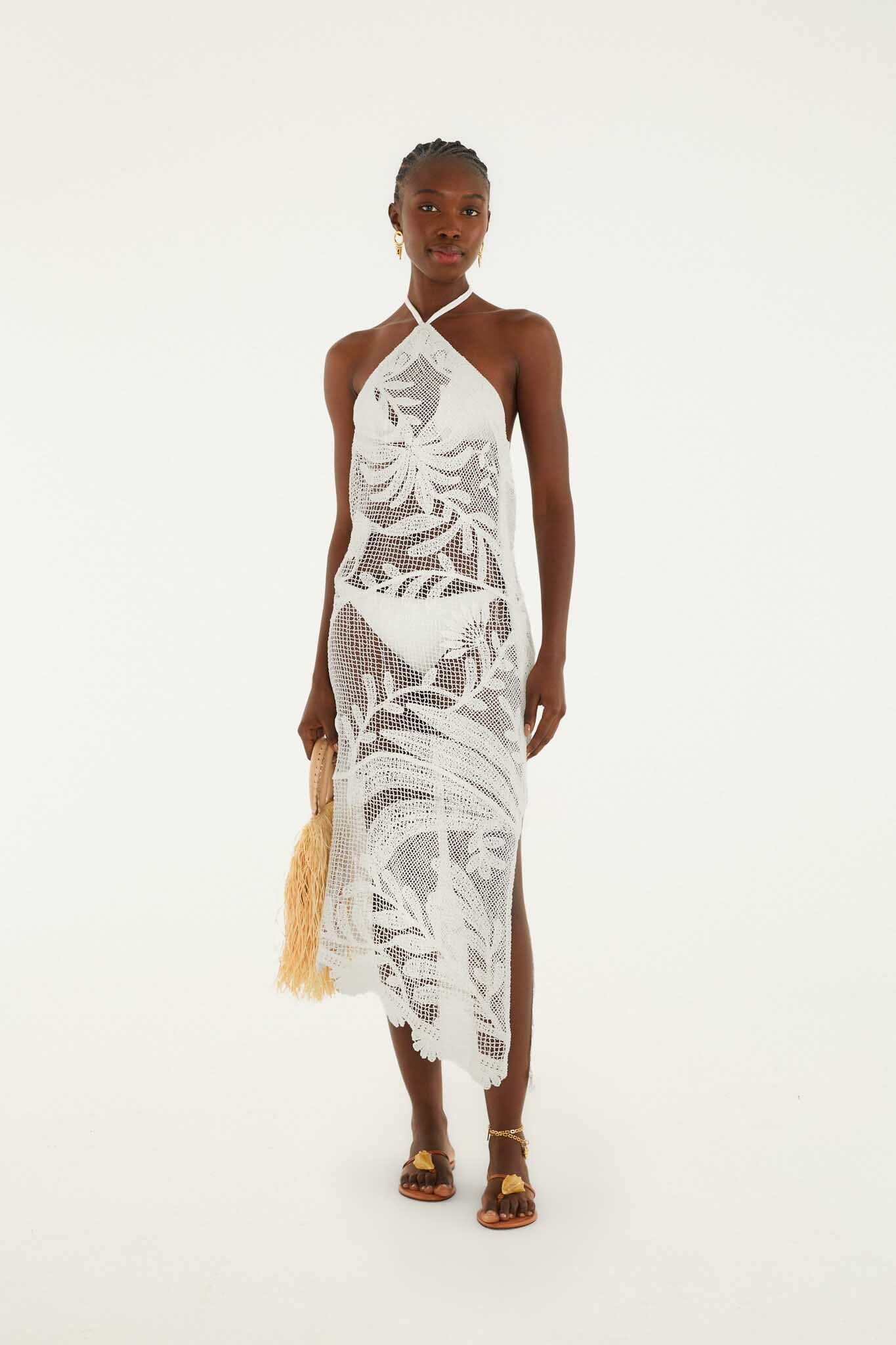White Crochet Halter Neck Sheer Midi Dress, MARTINA TAPESTRY