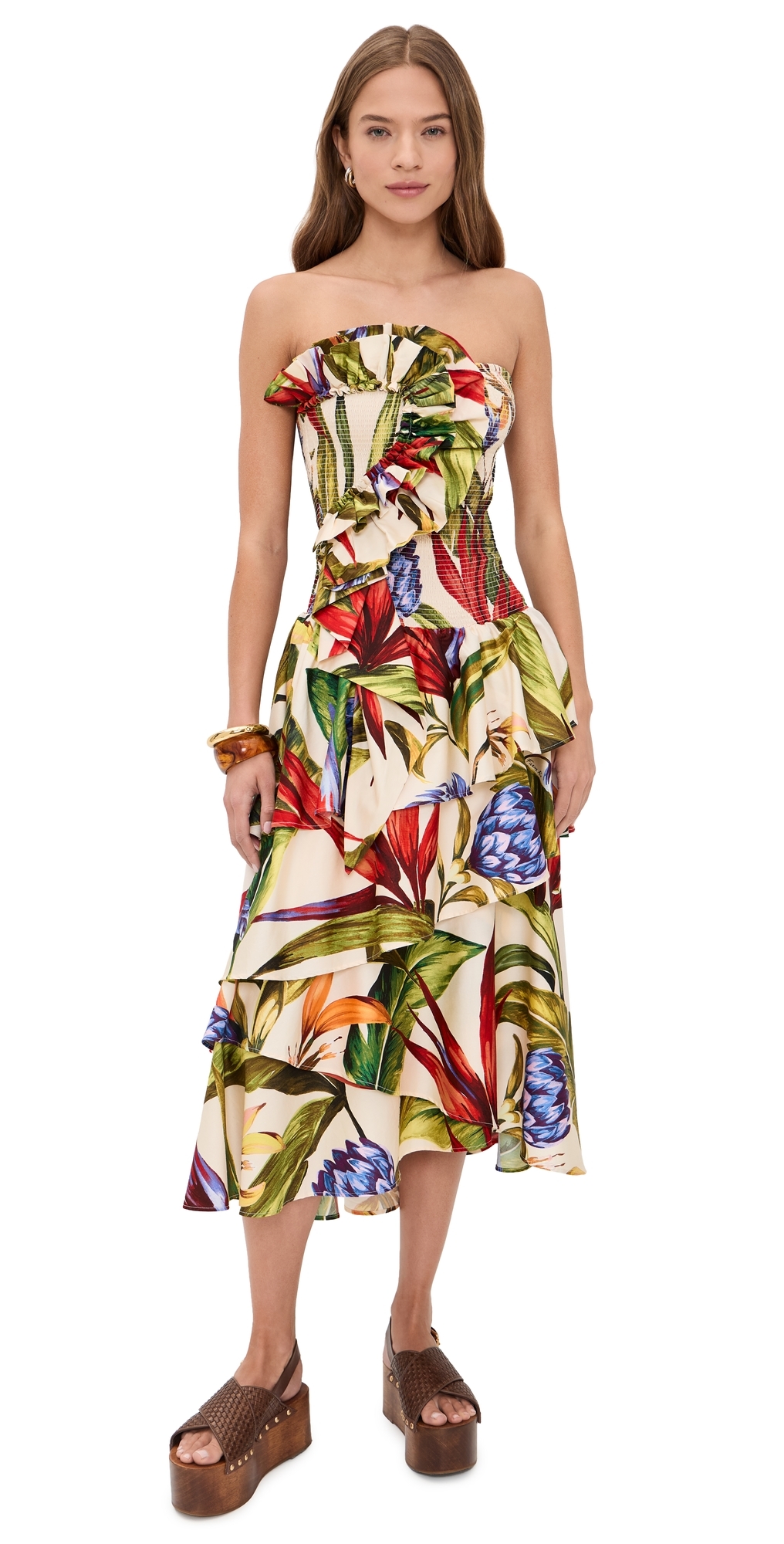 FARM Rio Floral Strapless Midi Dress Florart Sand